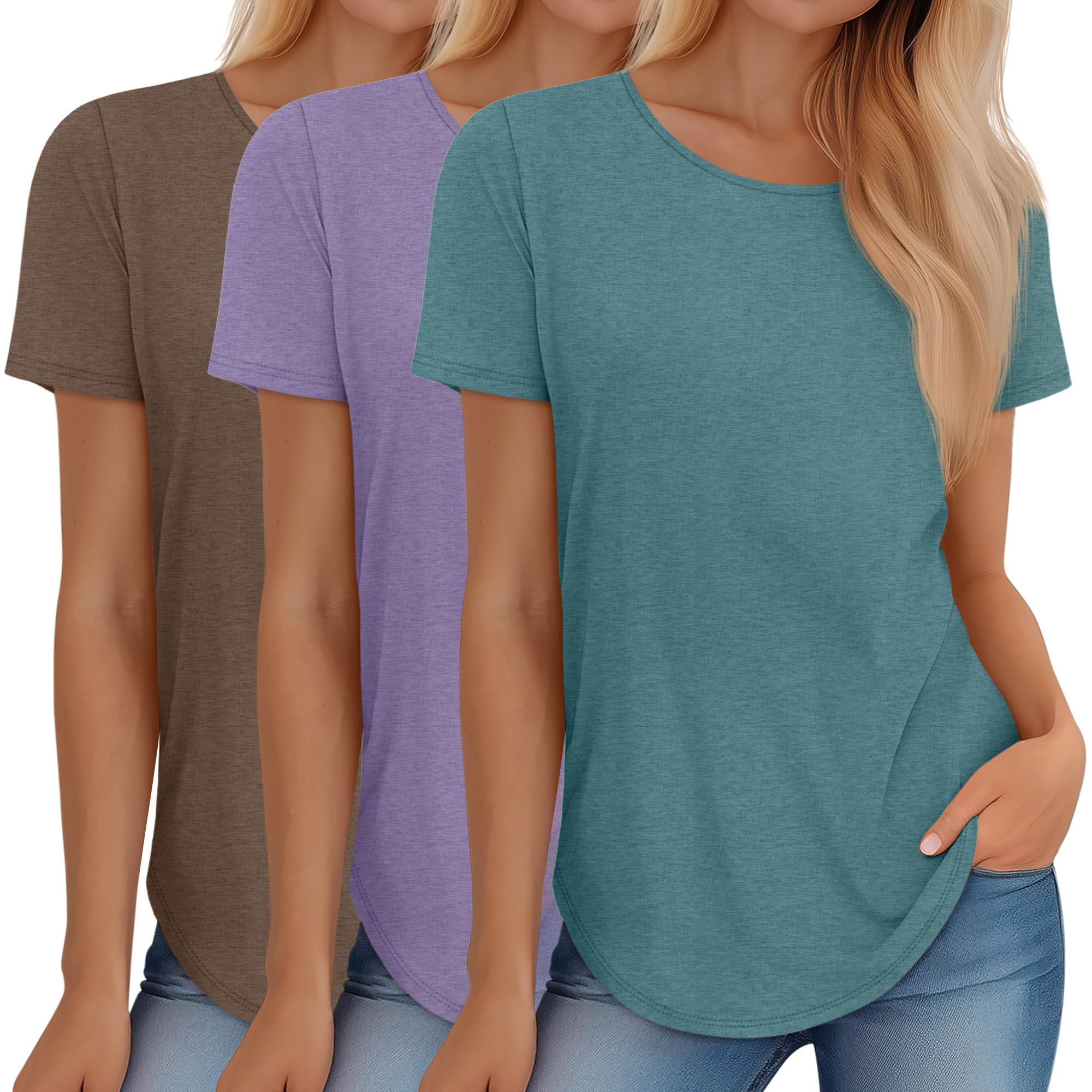Huukeay 3 Pack Women's Short Sleeve Shirts Loose Fit Summer Tunic Tops Knitted Round Neck Casual Basic T Shirt