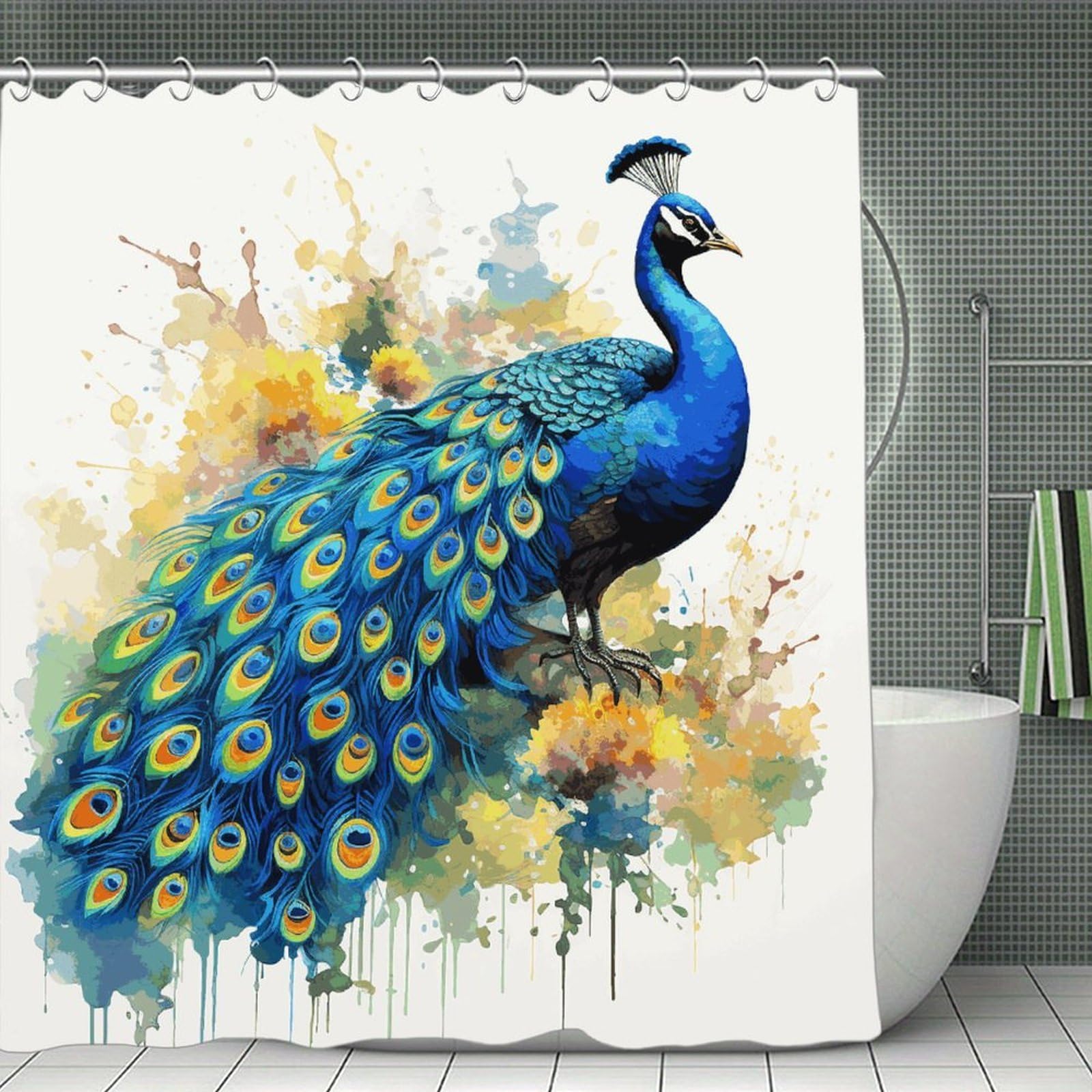 JTREHY Peacock Watercolor Painting Shower Curtain Waterproof Bathroom Shower Curtain Machine Washable Bath Curtains Polyester Cloth Bath Curtains for Bathroom Showers 70.8×70.8Inch