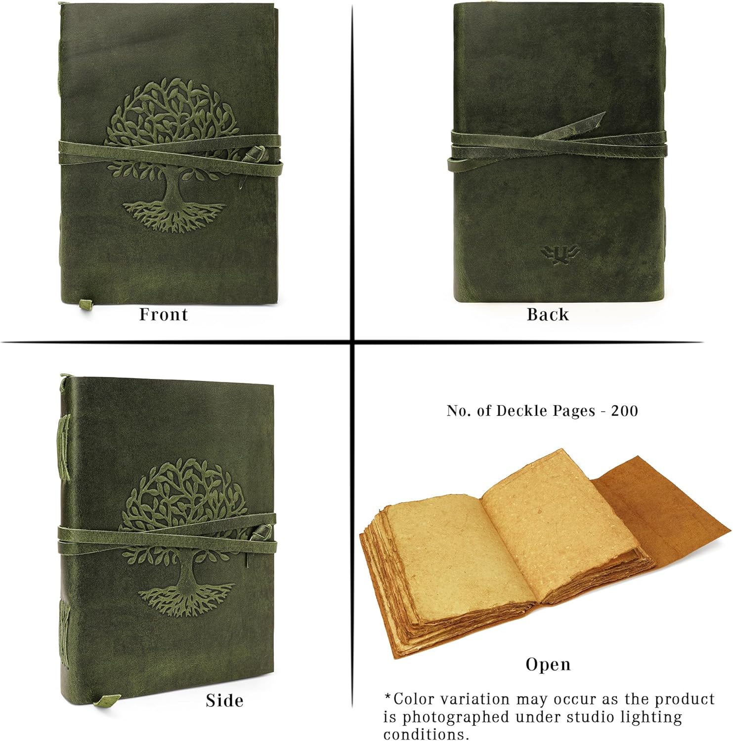 Tree Of Life Leather Journal for Women and Men, Handcrafted Leather Journal for Writing Womens, Sketchbook, Travel Diary with Unlined Deckle Paper, Dark Green 7x10