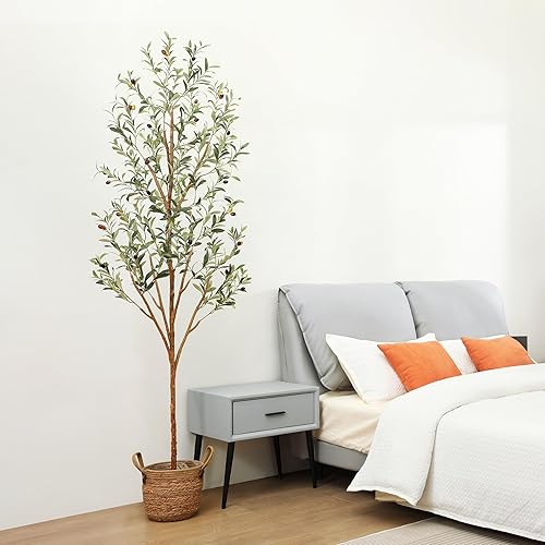 Miniatura 8 de Plantas de olivo artificiales de 7 pies con hojas realistas y tronco natural, árbol falso de seda en maceta con ramas y frutas de madera, olivo
