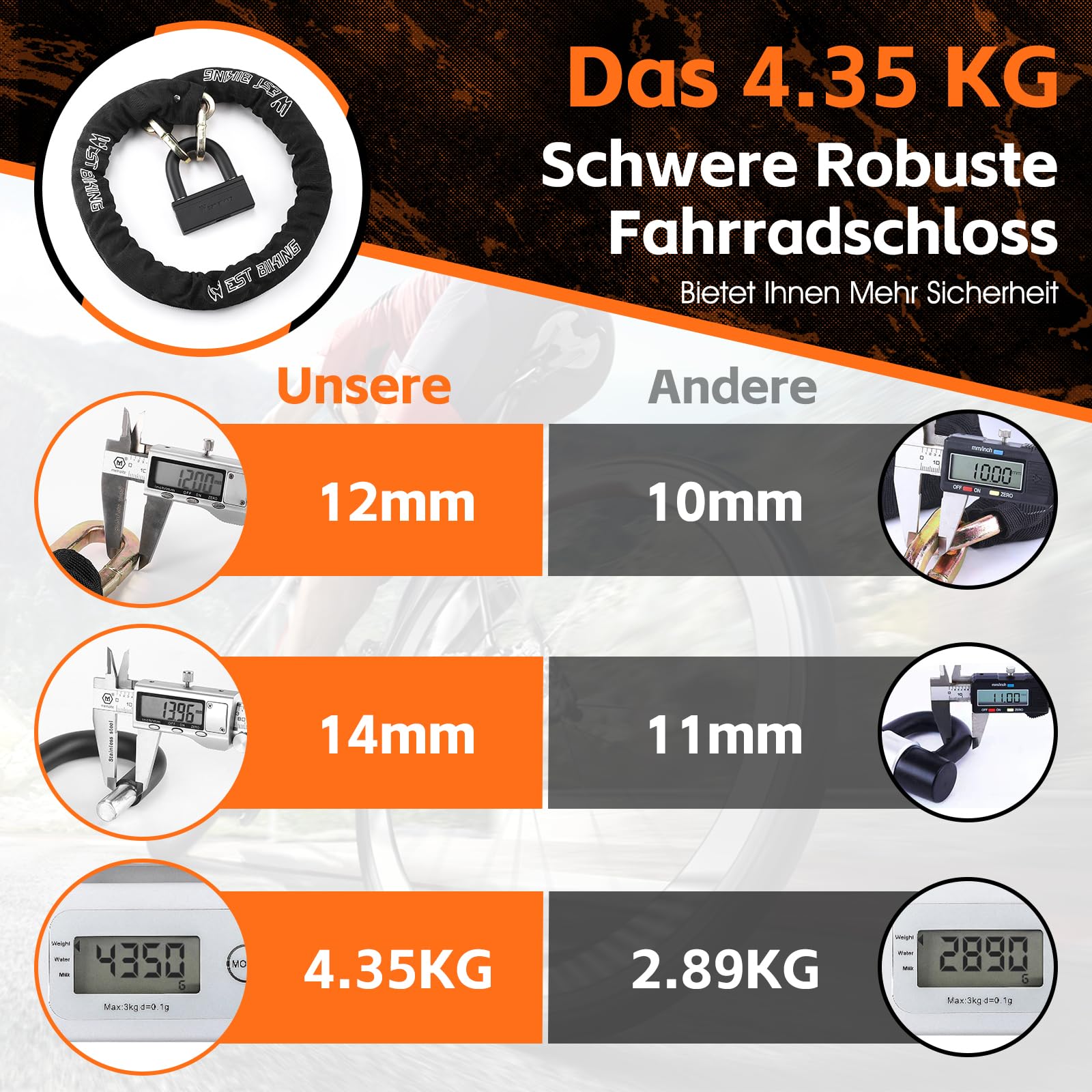 Blokada łańcuchowa rowerowa, 120 cm, wysokie bezpieczeństwo, 12 mm, mocne zapięcie do motocykla, Heavy Duty, antykradzieżowe, zapięcie łańcuchowe do roweru elektrycznego, bezpieczne zapięcie