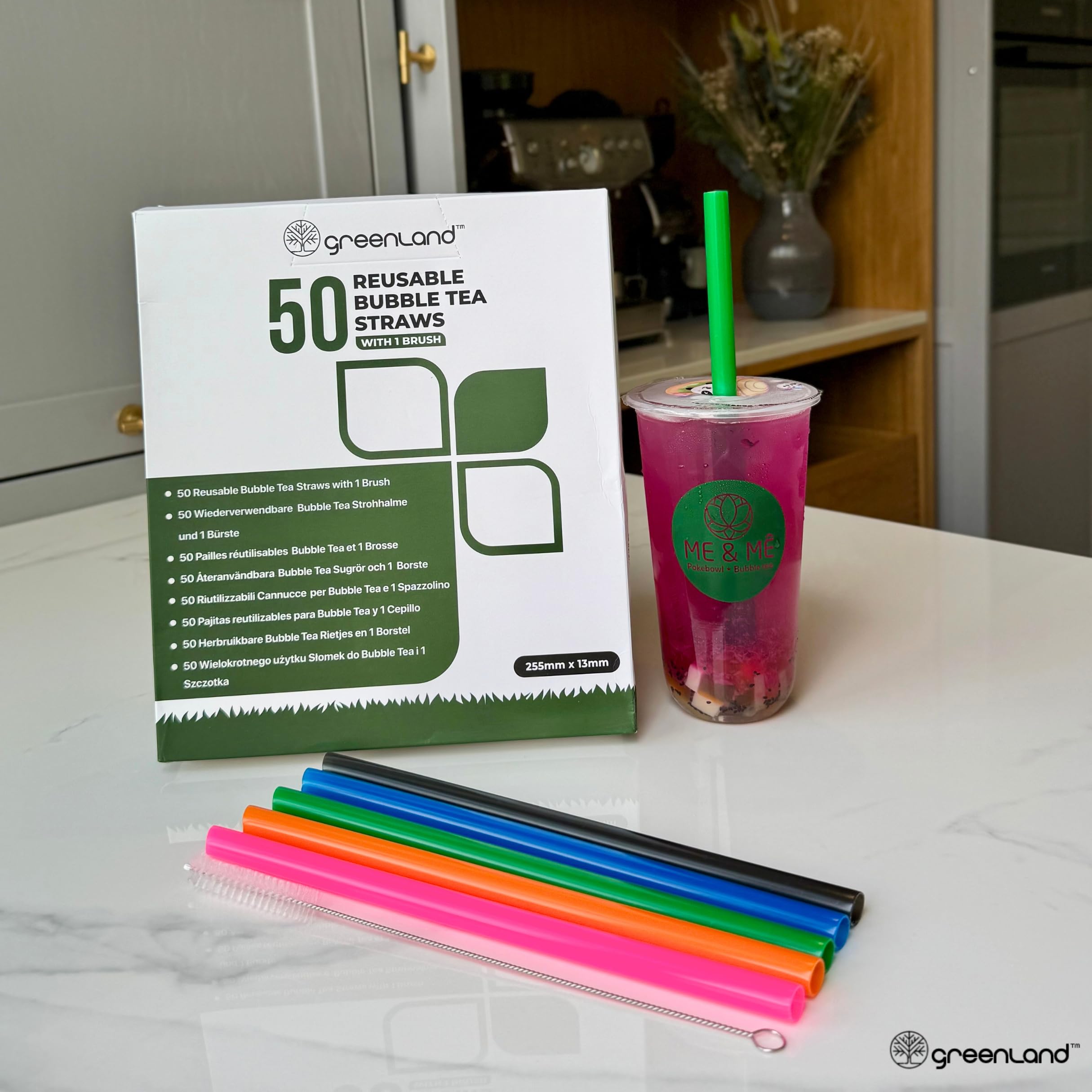 Greenland 50 Reusable Wide Straws for Boba/Bubble Tea, Smoothies and Milkshakes with 1 Brush - Image 3