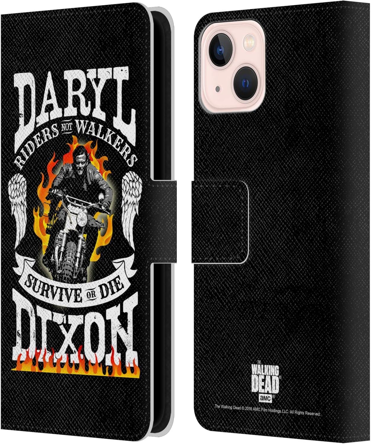 Head Case Designs Officially Licensed AMC The Walking Dead Motorcycle Flames Daryl Dixon Biker Art Leather Wallet Case Compatible with Apple iPhone 13