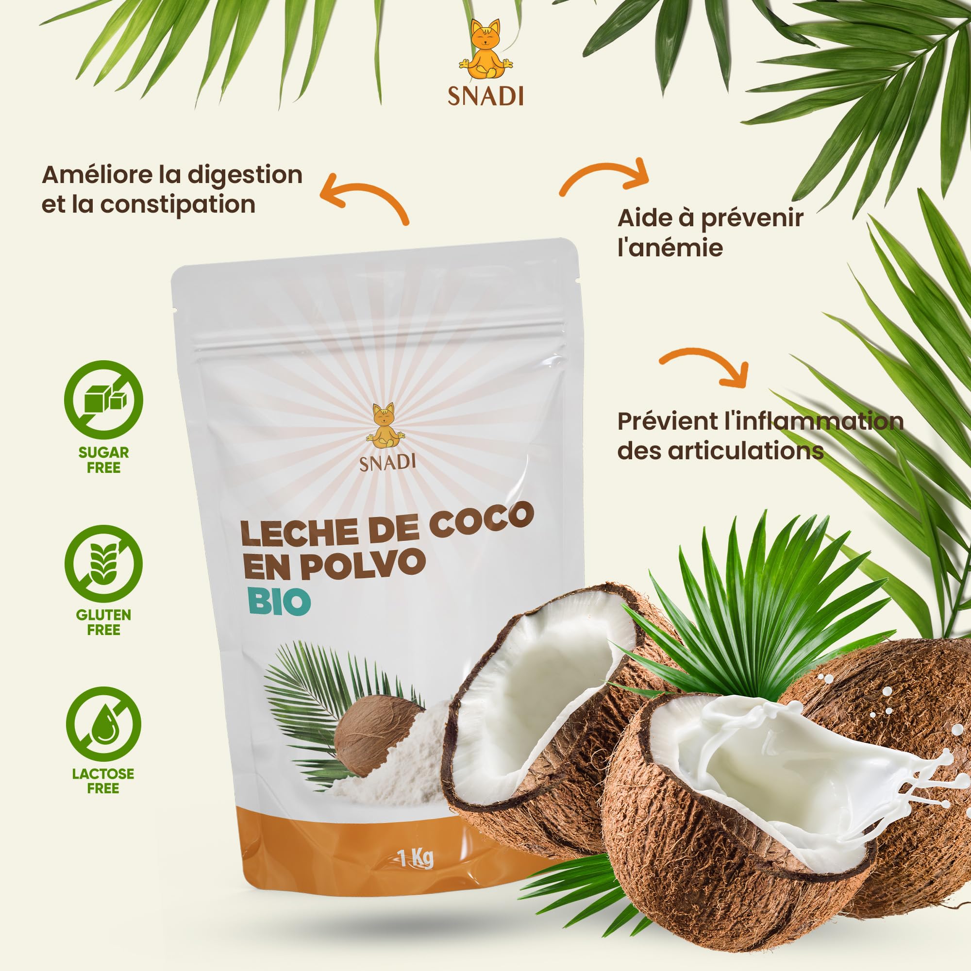Snadi - Lait de Coco en Poudre BIO du Sri Lanka - 1KG - 100% Naturel et Biologique - Emballage en Sachet Plastique Recyclable - Sans Additifs ni Conservateurs - Idéal pour Smoothies, Currys