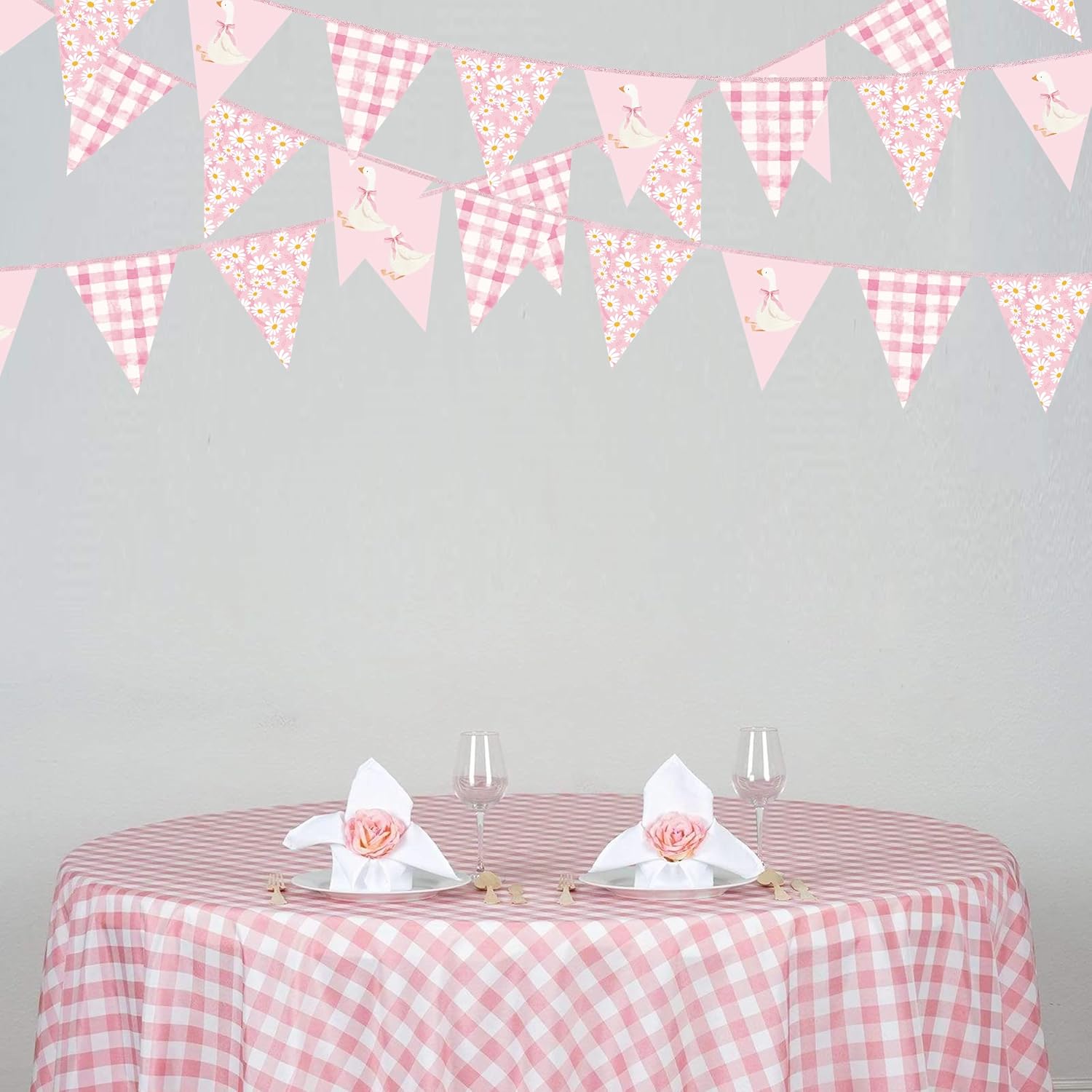 30 Ft Silly Goose Party Decorations Dusty Pink Buffalo Plaid Floral Daisy One Silly Goose Pennant Banner Flag Hanging Paper Triangle Bunting for Girls Birthday Baby Shower Party Decorations Supplies