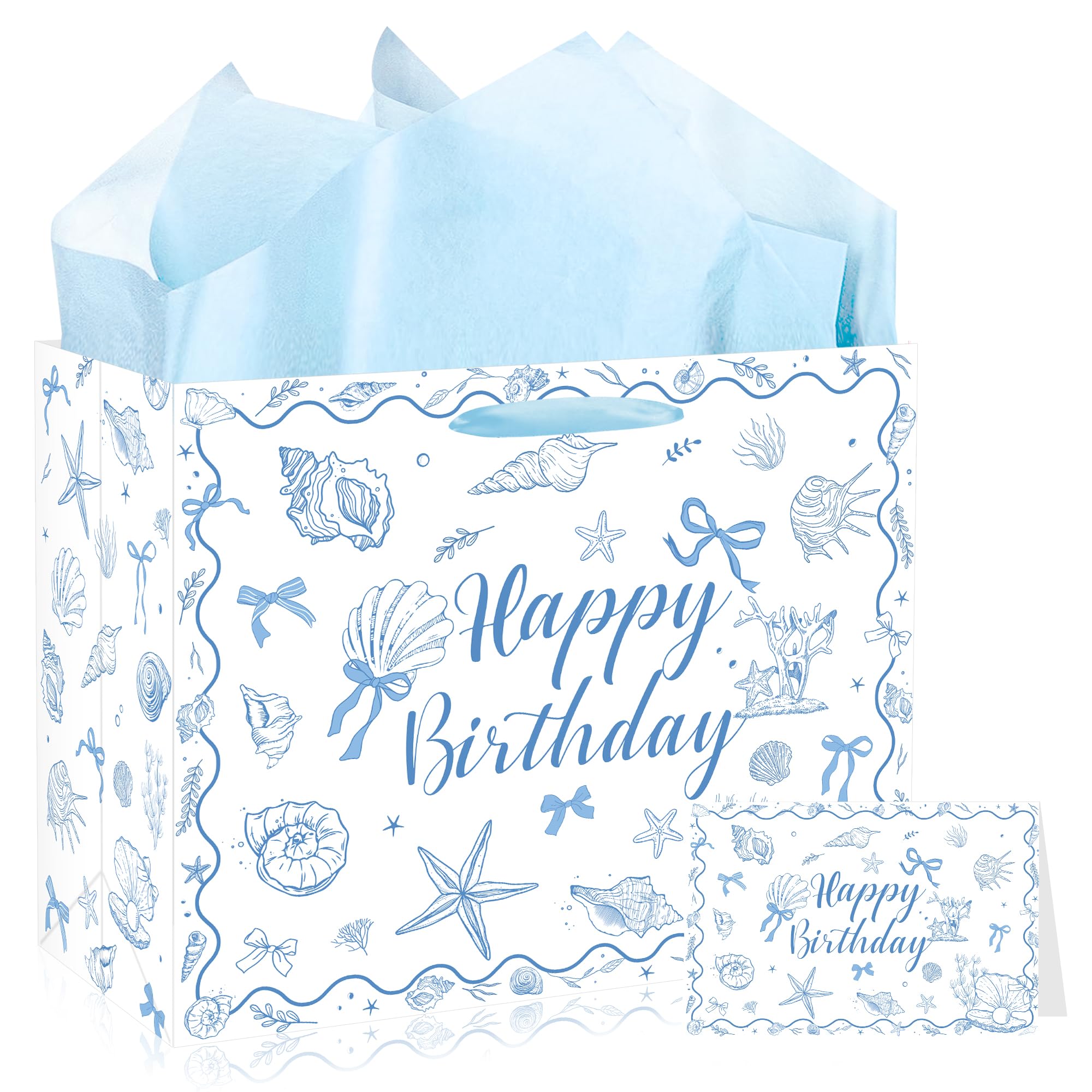 Seashell Birthday Gift Bag with Tissue Paper Card and Handle