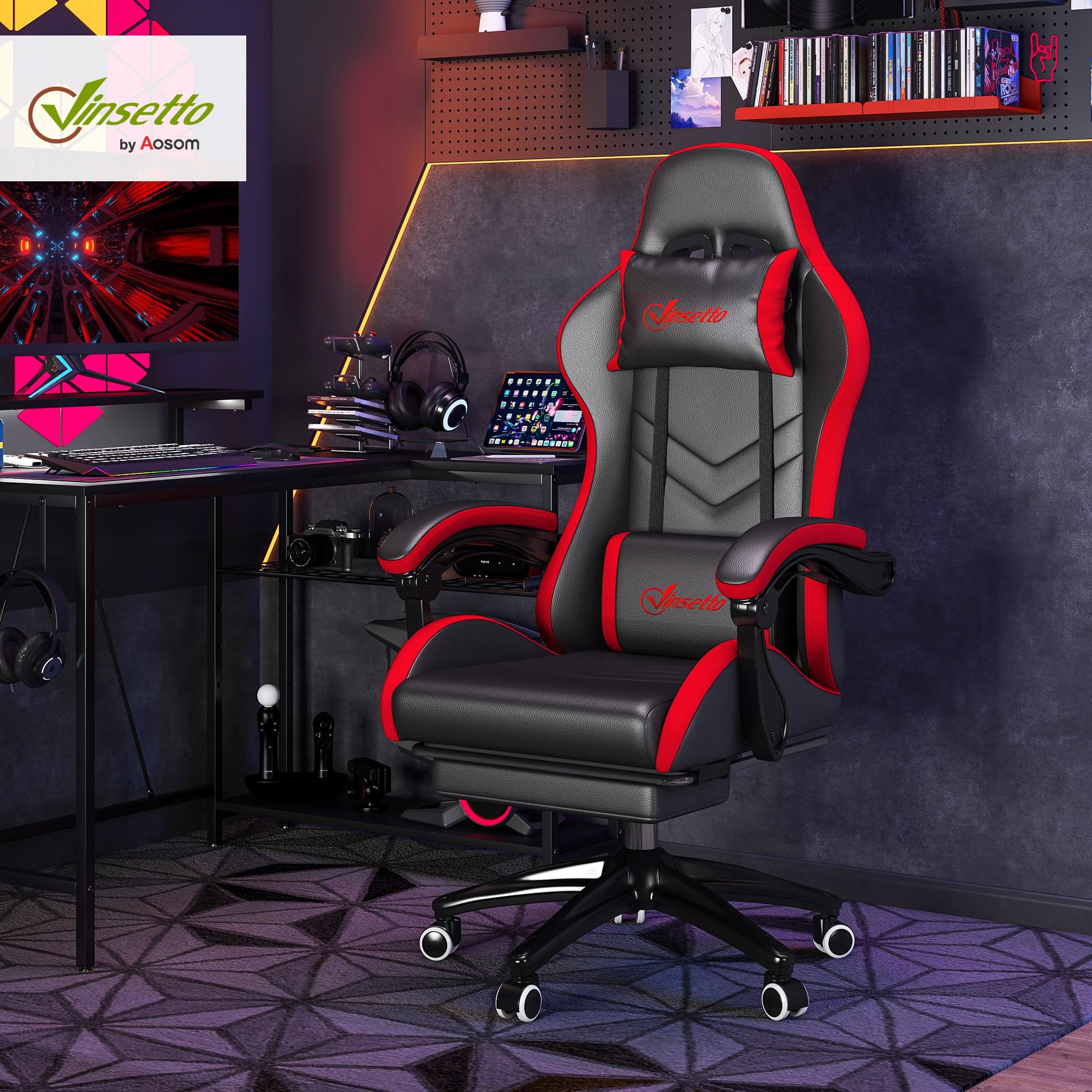 Vinsetto Sedia da Gaming Ergonomica in Pelle PU e Acciaio con Poggiatesta e Altezza Regolabile, Poltrona Gaming con Schienale Reclinabile e Cuscino Lombare, 65x65x121-129 cm, Nero e Rosso