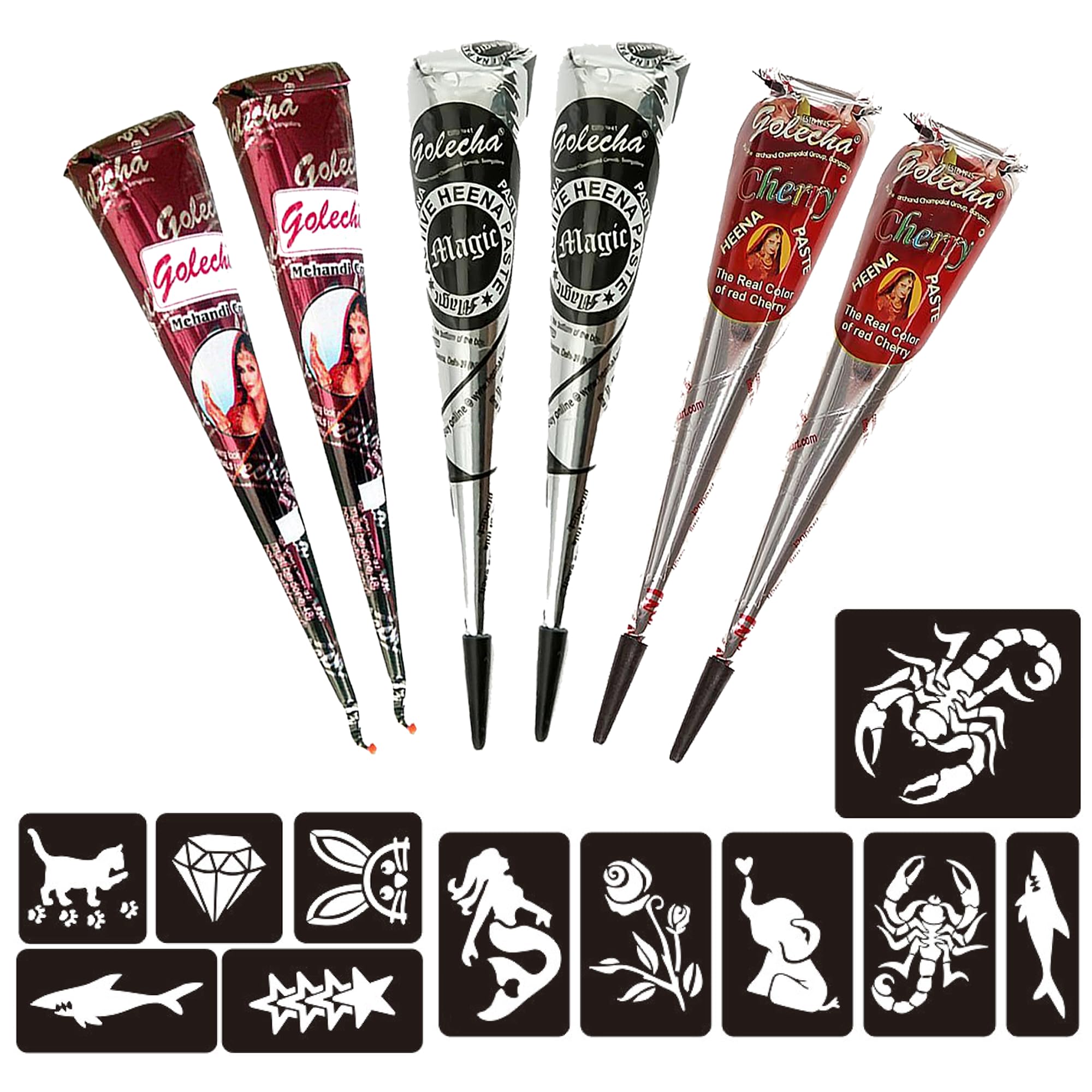 Naturic 6x Henna Tattoo, Temporäre Tattoo 11x Henna Tattoo Schablone, Temporäre Mehndi Tattoos, Natürliche Kegel, Tattoo sticker, Temporäre Tätowierung Rotbraun, Cherry Rot, Schwarz