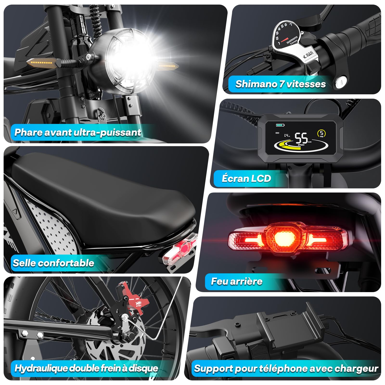 YVY Vélo Électrique, Batterie Amovible 20/40Ah, Autonomie 120km/150km/300km, Fat Bike Électrique, VTT Électrique 7 Vitesses, E-Bike Double Suspension, Double Disque, Écran LCD