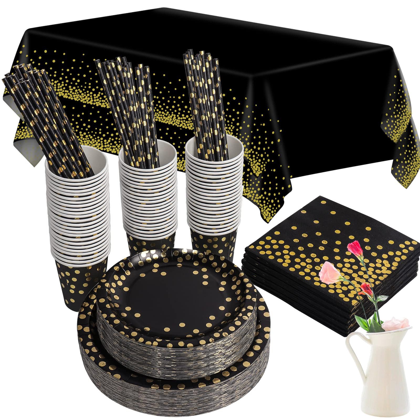 Sweet seven Complete Party Tableware Set for 25 Guests - Disposable Dinnerware for Halloween, Birthday, and Wedding - Black and Gold Theme