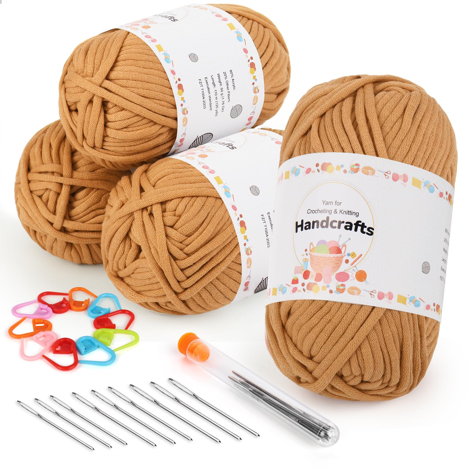 Aeelike 4X50g Chunky Garn Baumwolle zum Häkeln, Dicke Häkelgarn Yarn mit Häkelzubehör für Anfänger, Kein Geteiltes Wolle zum Häkeln, Strickgarn mit gut Sichtbaren Maschen, Khaki