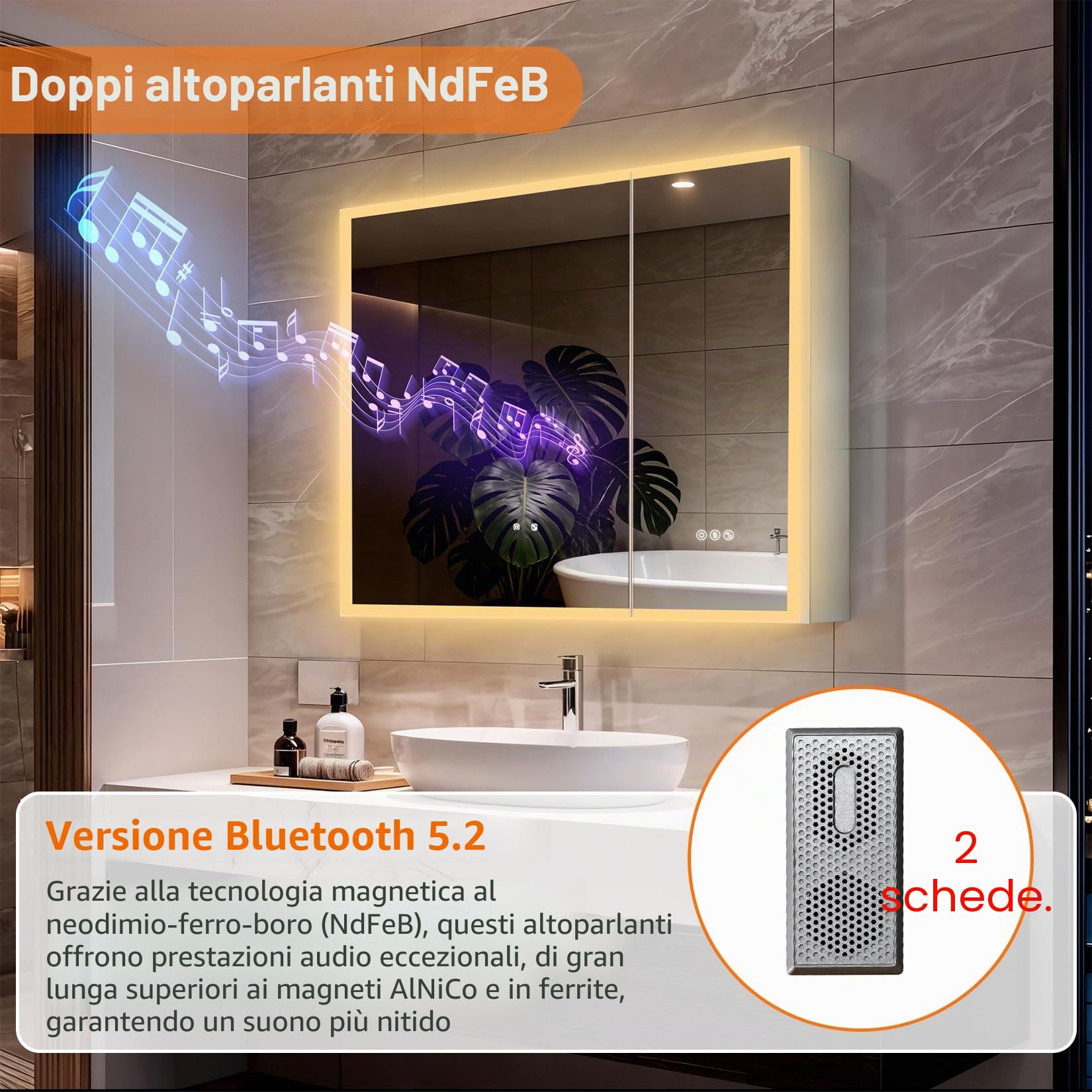 Bluetooth Specchiera Bagno Contenitore con Luce LED 80x70 cm: Mobile Bagno Specchio con Luce 2 Ante Presa Elettrica, Ripiani Regolabili, Antiappannamento, Dimmerabile 3 Colori Luce, Funzione Memoria