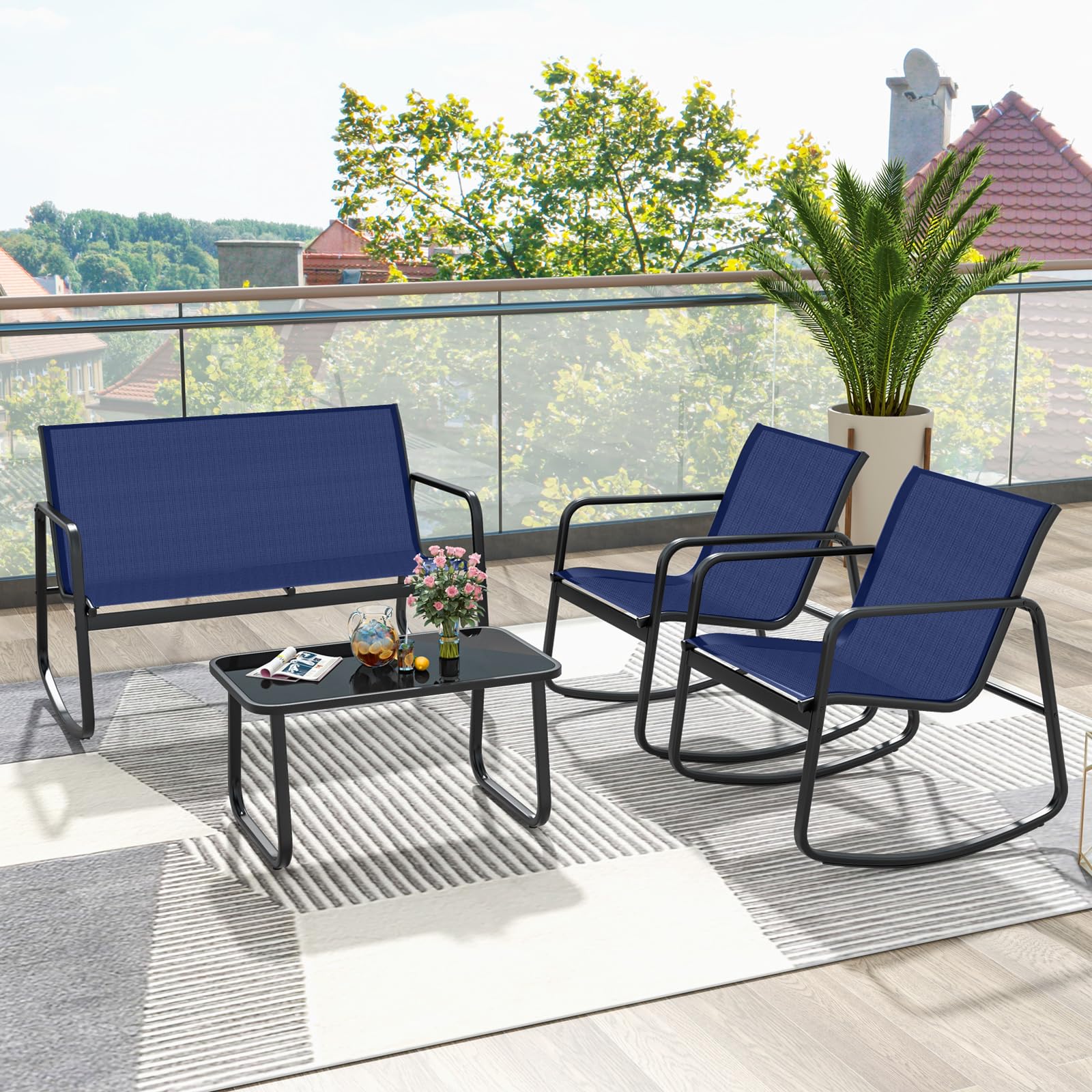 GIANTEX Set di 4 mobili da giardino con tavolino da salotto e panca da giardino e 2 sedie a dondolo, mobili da balcone in textilene con delicato movimento a dondolo (Blu)