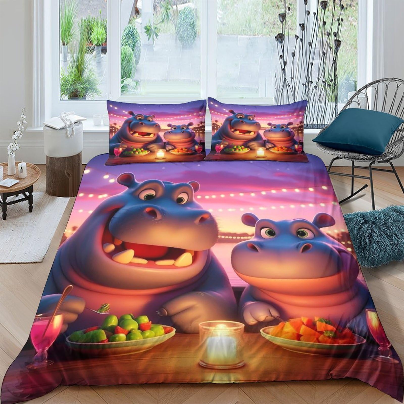 GPLZQXKJNH 3D Printed Cartoon Hippo Duvet Cover Microfiber Soft Breathable Sunset Dinner Quilt Cover Set with 2 Pillowcases for Bedroom Decor Single（135x200cm）