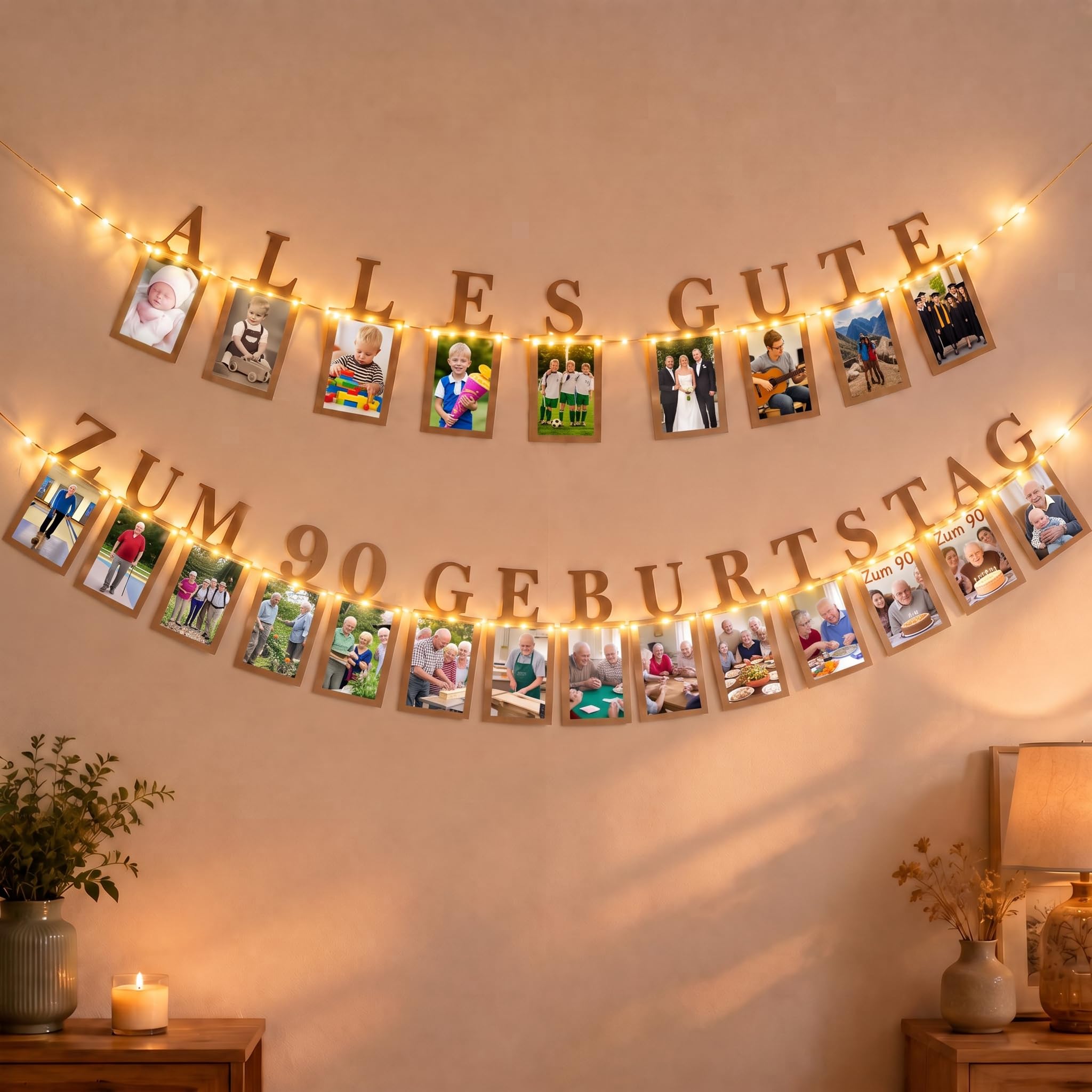 Seutgjie 90th Birthday Photo Garland Decoration Banner with LED Light
