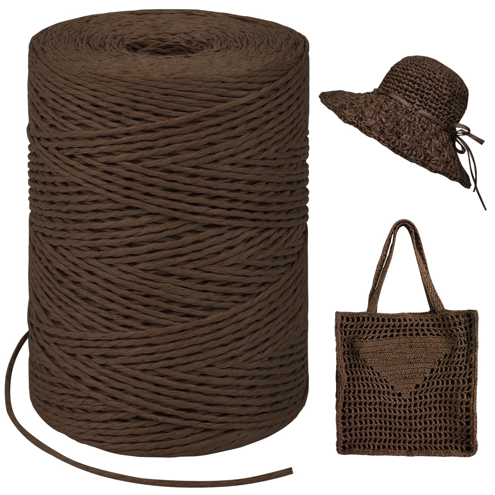 Dark Coffee Raffia Yarn for Crochet Bags, 1.5mm x 328 Yards Round String Raffia Ribbon for Gift Wrapping, Raffia Paper Ribbon Yarn for Crocheting Sun Hat, Bag, DIY Crafts, Holiday Decoration