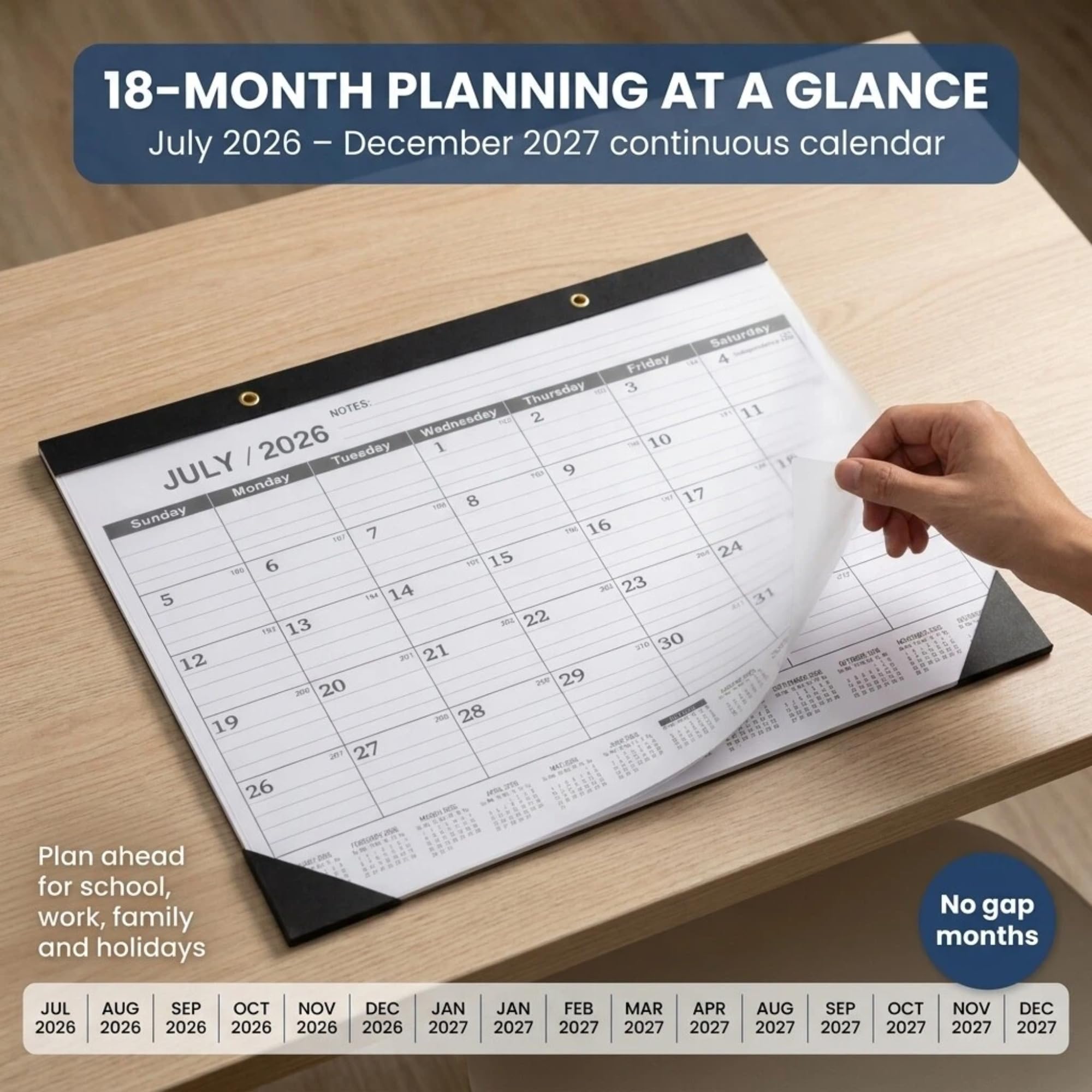 Calendario da scrivania 2026-2027, grande, 18 mesi, mensile, da luglio 2026 a dicembre 2027, calendario da 55,9 x 43,2 cm con carta spessa 120 g, fori dorati e sezione obiettivi per ufficio e uso