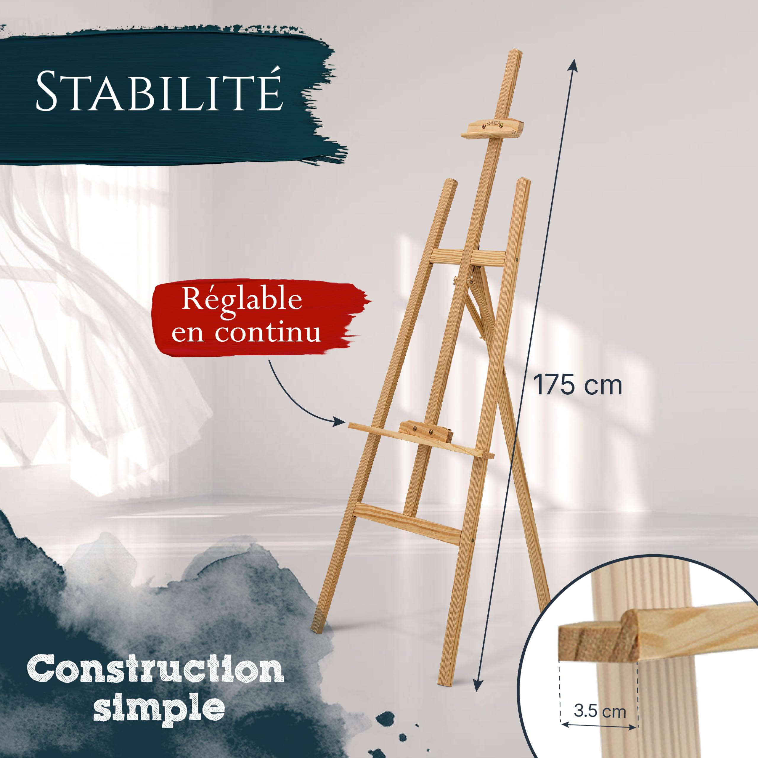 Artina kit peinture acrylique 24 pcs avec chevalet bois 175cm