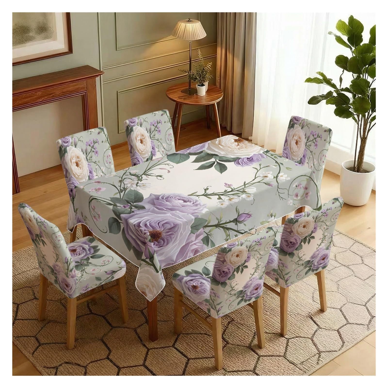 BOSUYBN Light Green Base Purple Rose Vine Floral Printed Dining Tablecloth & Chair Covers Set, 5/7 Piece Soft Romantic Cottage Home Decor Table Setting(7pcs Set: Tablecloth+Chair Covers)