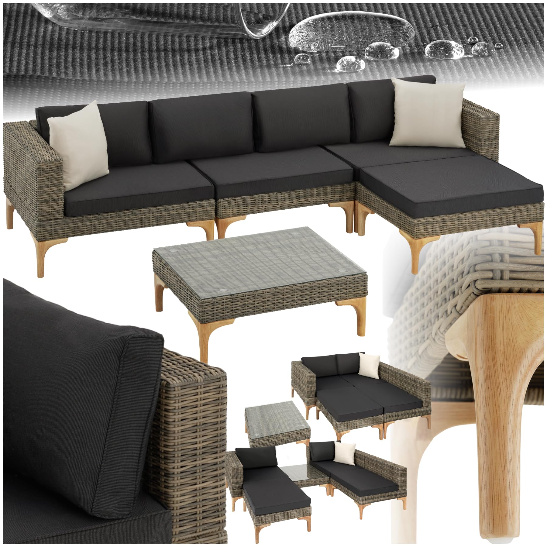 tectake® Ensemble Salon de Jardin Exterieur en Poly Rotin Modulable Bain de Soleil 4 Places 1 Canapé 1 Tabouret Pouf et 1 Table de Jardin, Mobilier de Jardin pour Amenagement Balcon Terrasse Veranda