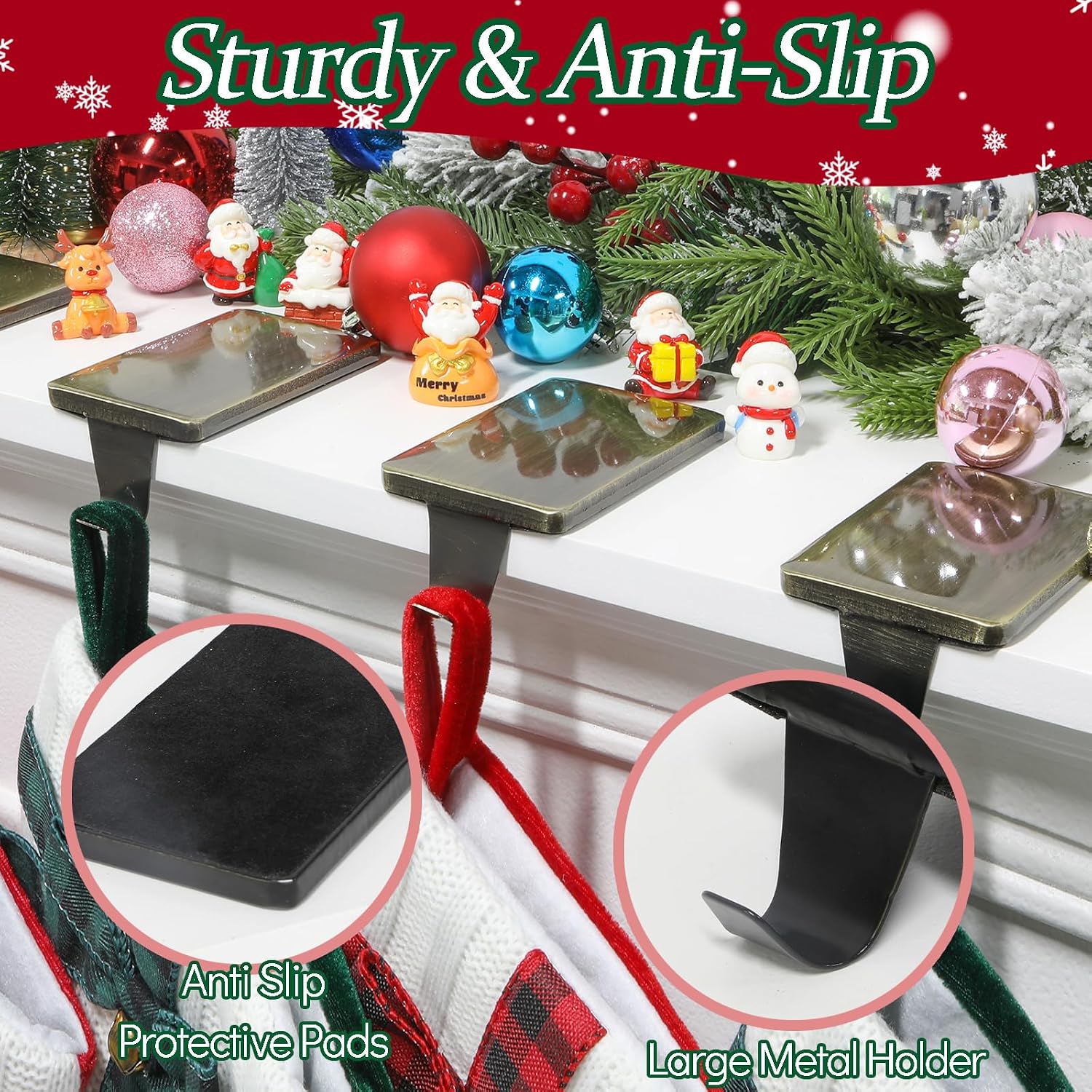HMASYO Christmas Stocking Holders for Mantle Set of 4, Heavy Duty Cast Iron Stocking Hangers Base, Low Profile Weighted Stocking Holder Hooks for Fireplace Tabletop Shelf Christmas Decoration, Bronze