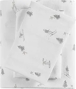 True North by Sleep Philosophy Flannel Sheets Twin Size, Cozy 100% Cotton Flannel Bed Sheets, Ultra Soft Cute Sheet Set, Elastic Pocket Fits Up to 12" Mattress, Skiiers 3 Piece