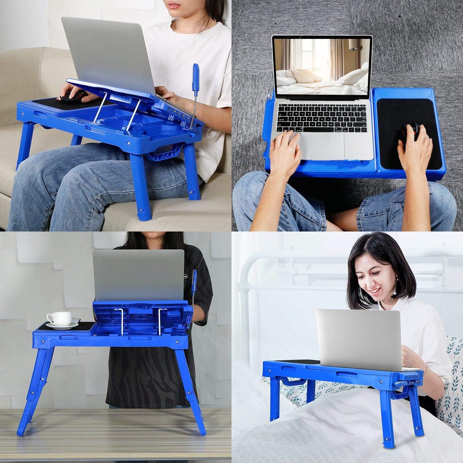 Laptop Bed Stand, Adjustable Laptop Table with Cooling Fan, Foldable Laptop Desk for Bed with USB Hub, LED Light & Storage, Mouse Pad, Computer Tray for Bed, Sofa, Home, Office (Blue)