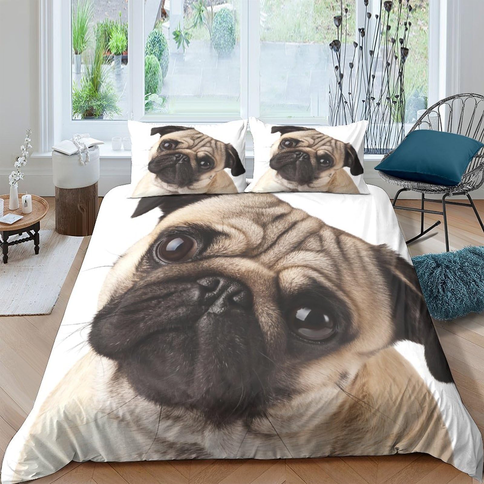 GPLZQXKJNH 3D Printed Pug Dog Duvet Cover Microfiber Soft Breathable Realistic Bulldog Bedding Set with 2 Pillowcases for Bedroom Decor Single（135x200cm）