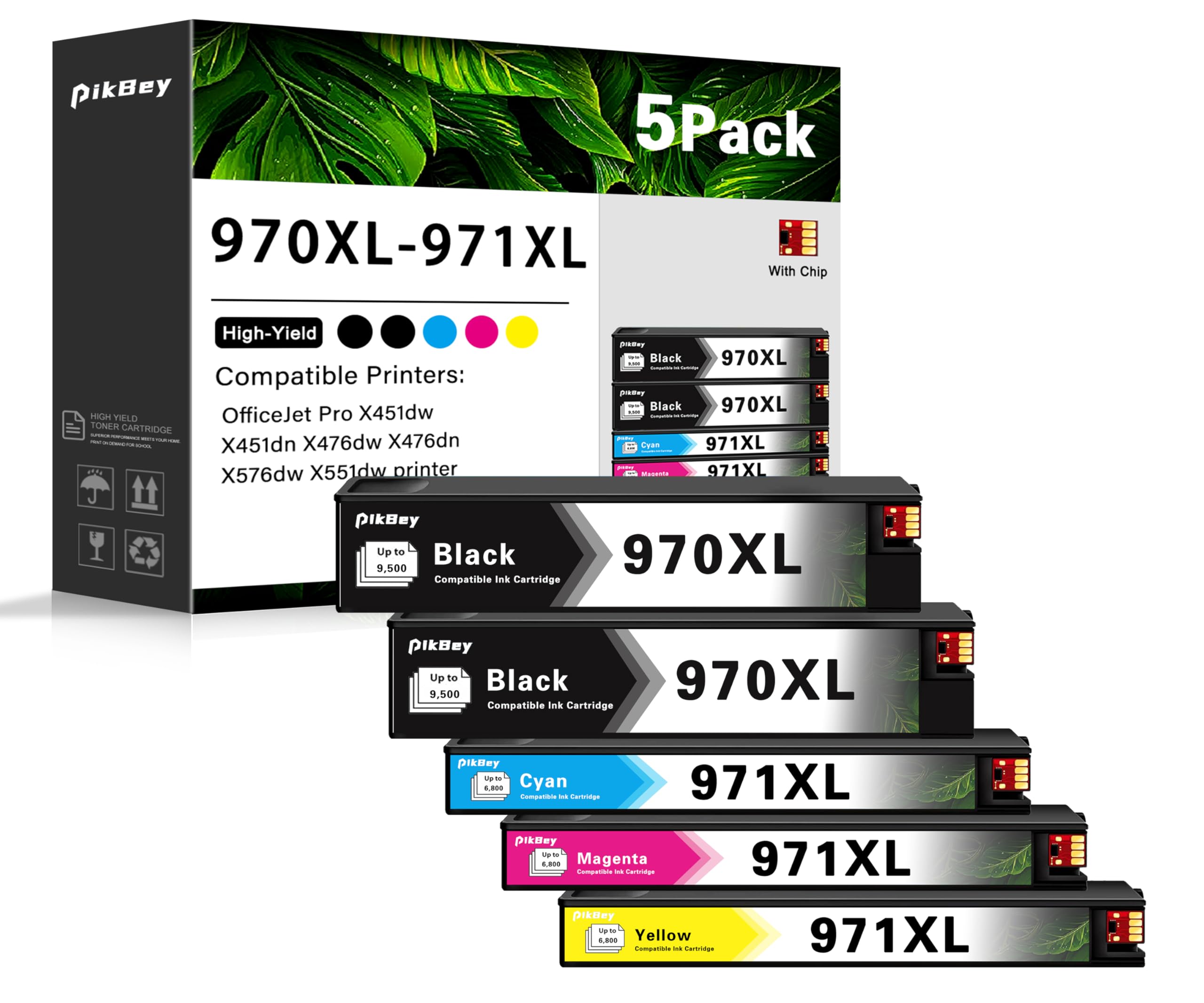 970XL 971XL Ink Cartridges Replacement for HP 970 971 Ink Cartridges for OfficeJet Pro X451dw X451dn X476dw X476dn X576dw X551dw 5 Pack (2Black, 1Cyan, 1Magenta, 1Yellow)