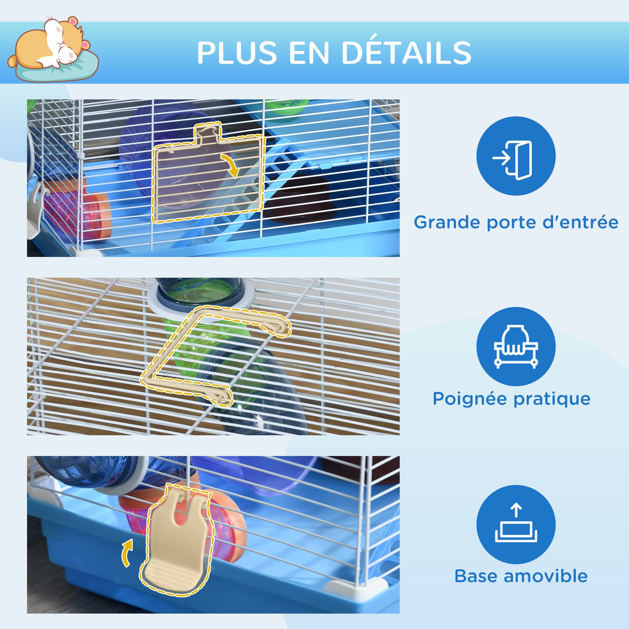 PawHut Cage pour Rongeur Hamster 2 Niveaux avec Tunnel, Bouteille d'eau, Roues, Maison, échelle dim. 46L x 30l x 37H cm