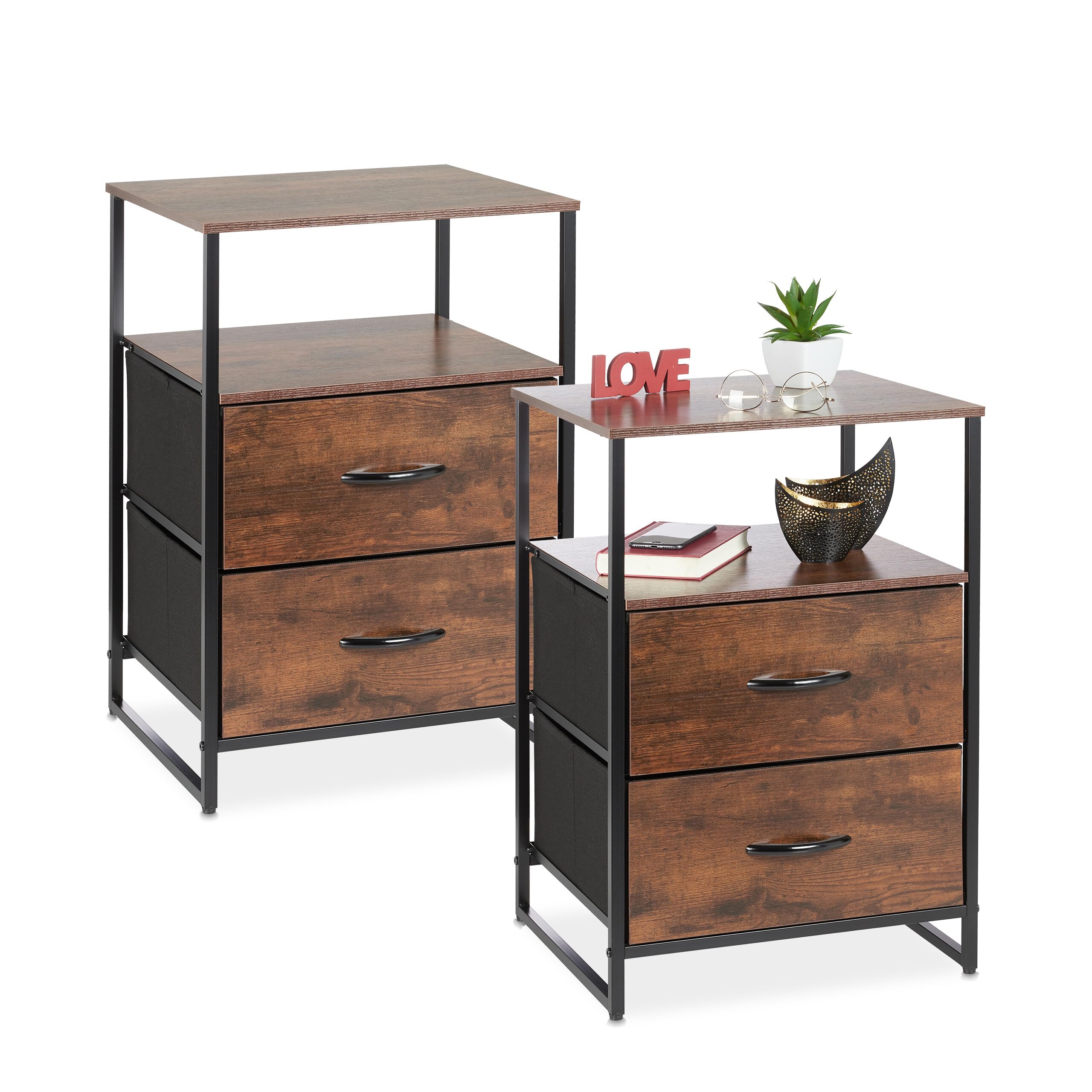 Relaxdays Nachttische Industrial, 2er-Set, HBT 70 x 45 x 42,5 cm, 2 Schubladen, schwarz/braun