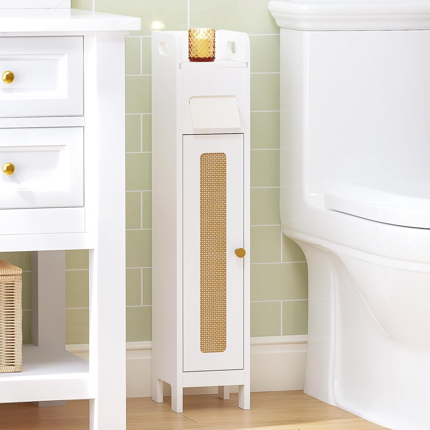 Spirich Small Bathroom Storage Cabinet with Toilet Paper Holder, Narrow Storage Cabinet with Rattan Door and Adjustable Shelf, Freestanding Slim Bathroom Storage Cabinet for Small Spaces, White