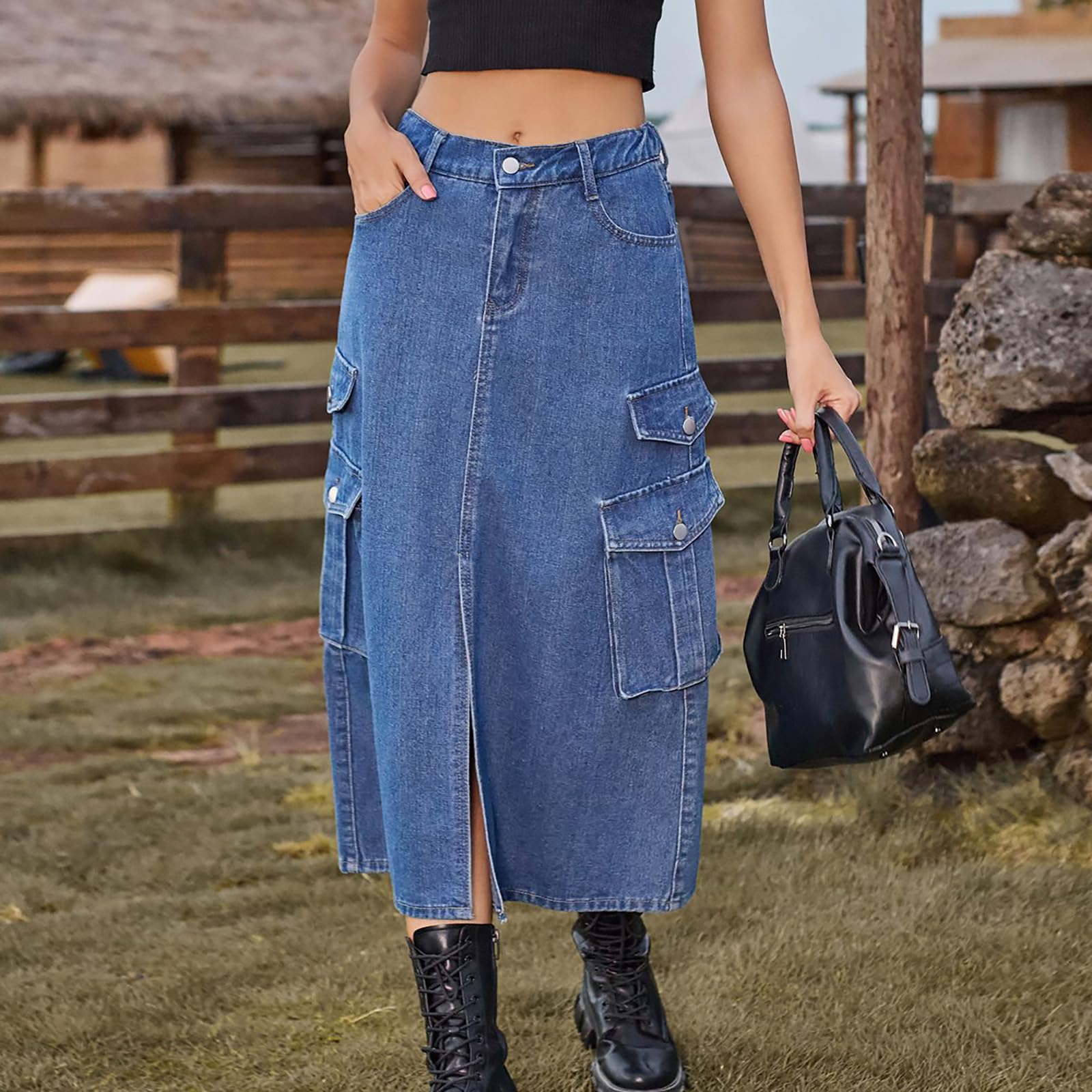 Générique Jupes Femme Haute Tour en Femme Jupe Élégante De Plage Elastique Plissée A-Ligne Taille Vacances avec Poches Plage Décontractée pour Bohême Maxi Longue