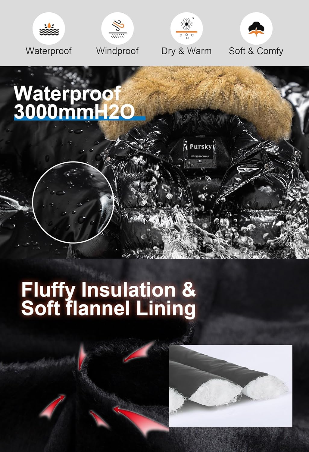 Pursky Men's Puffer Jacket Waterproof Winter Bubble Coats Ski Parka Fur Hooded - Image 4