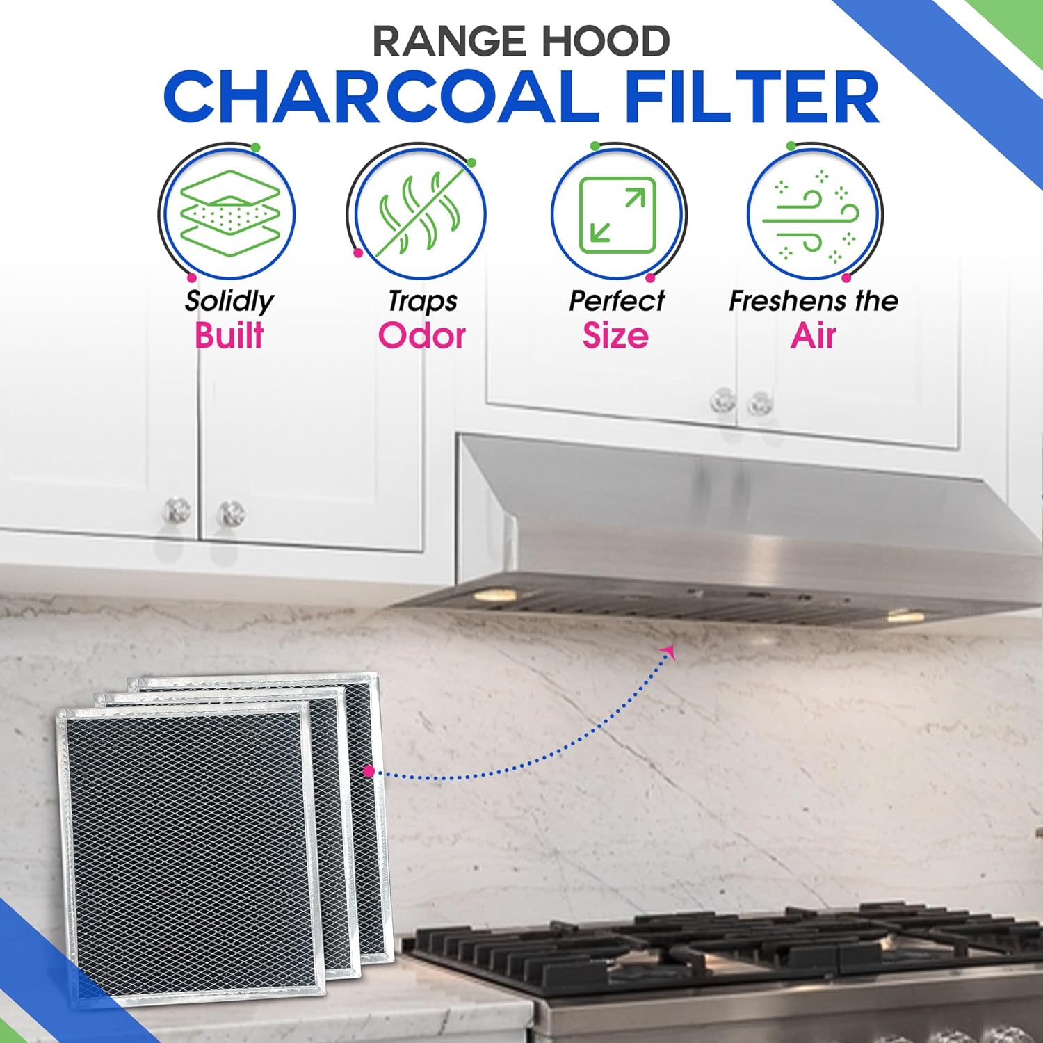 Charcoal Filter Replacement for W10412939 Whirlpool Range Hood Filter 11.02” x 9.73” - Replaces Ductless Kitchen Stove Overhead Whirlpool Vent Hood Charcoal Carbon Filter (3-Pack)