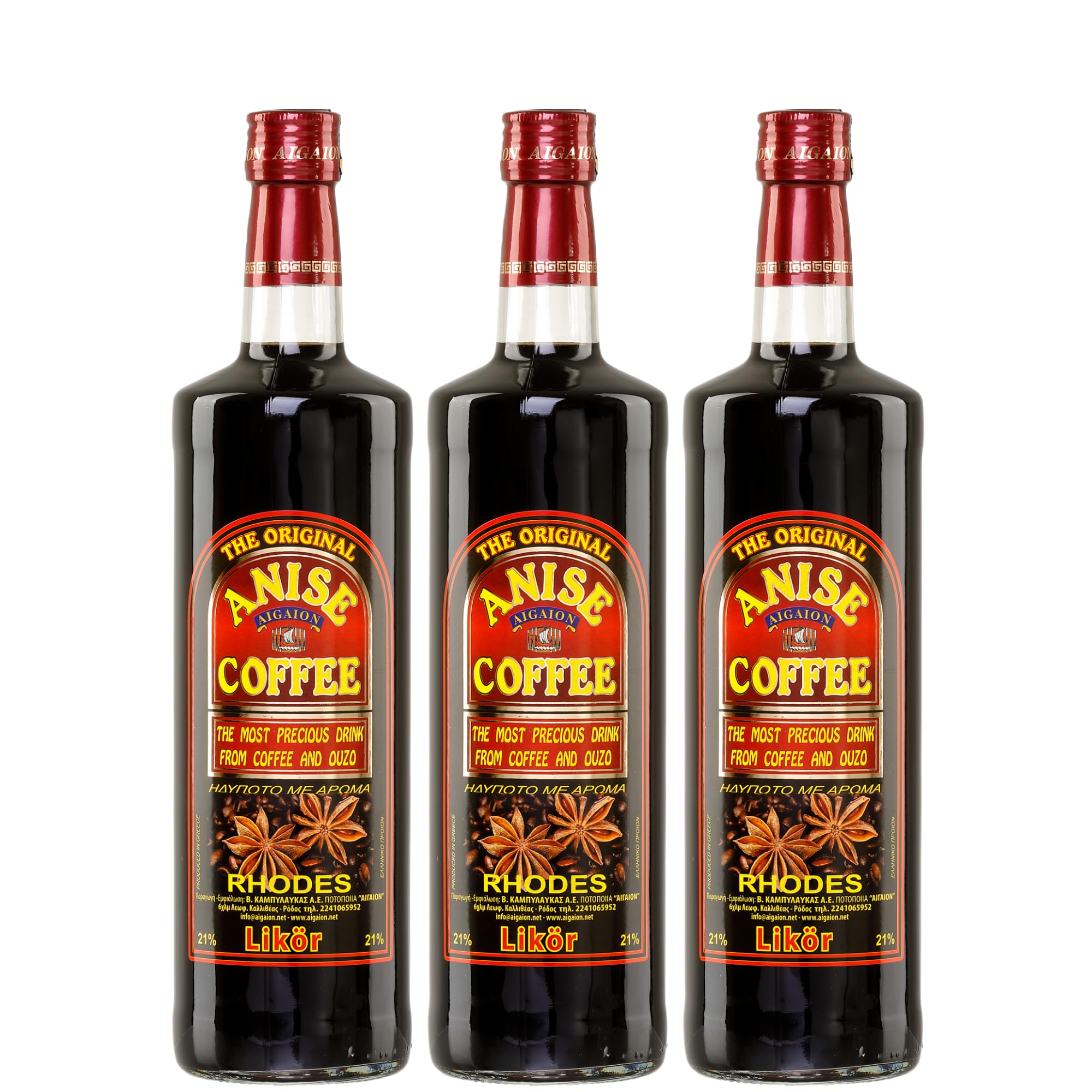 Kaffee Ouzo Likör 3x 1,0l 21% | Das Original von Rhodos | Coffee Anise Aigaion | + 20ml Jassas Olivenöl
