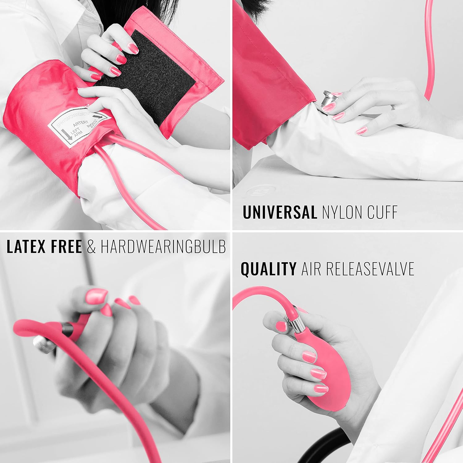 ASA TECHMED Manual Blood Pressure Monitor - Aneroid Sphygmomanometer for Nurses, Universal Standard Blood Pressure Cuff, Nurse Essentials with High-Molecular Nylon Arm Cuff (Pink)