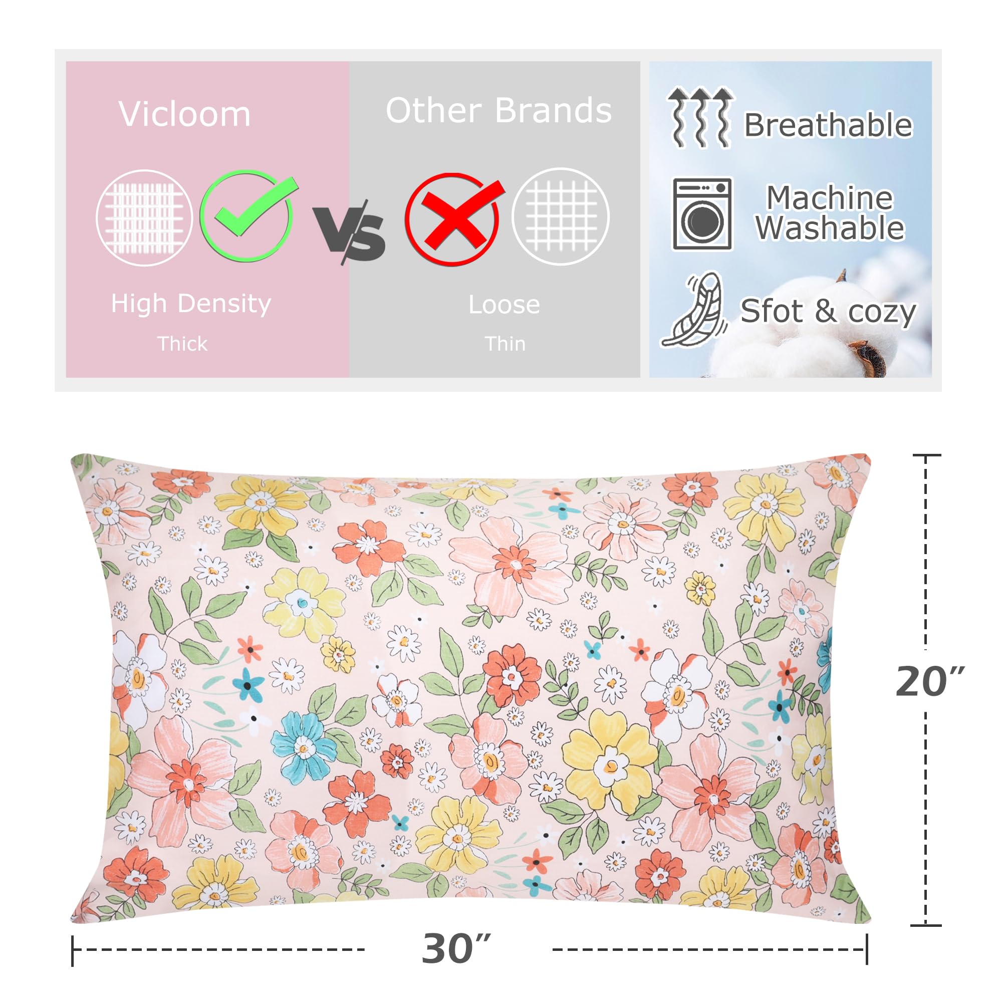 Set of 2 pillowcases, 51 x 76 cm, 100% cotton pillowcases for pillows envelope closure, cosy floral style pillowcase - Image 3