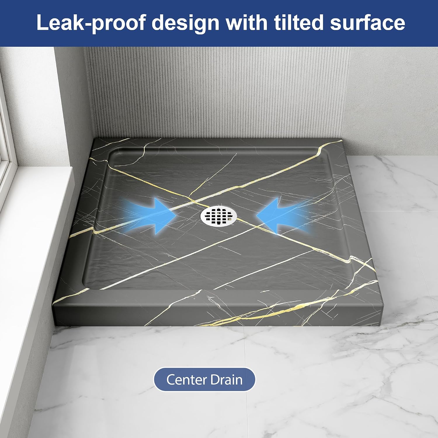 KPUY 32'' L X 32'' W Shower Base Pan with Center Drain, Blackish-gray | Slip Resistant Design, Non‑Integrated Flange, Easy to Clean