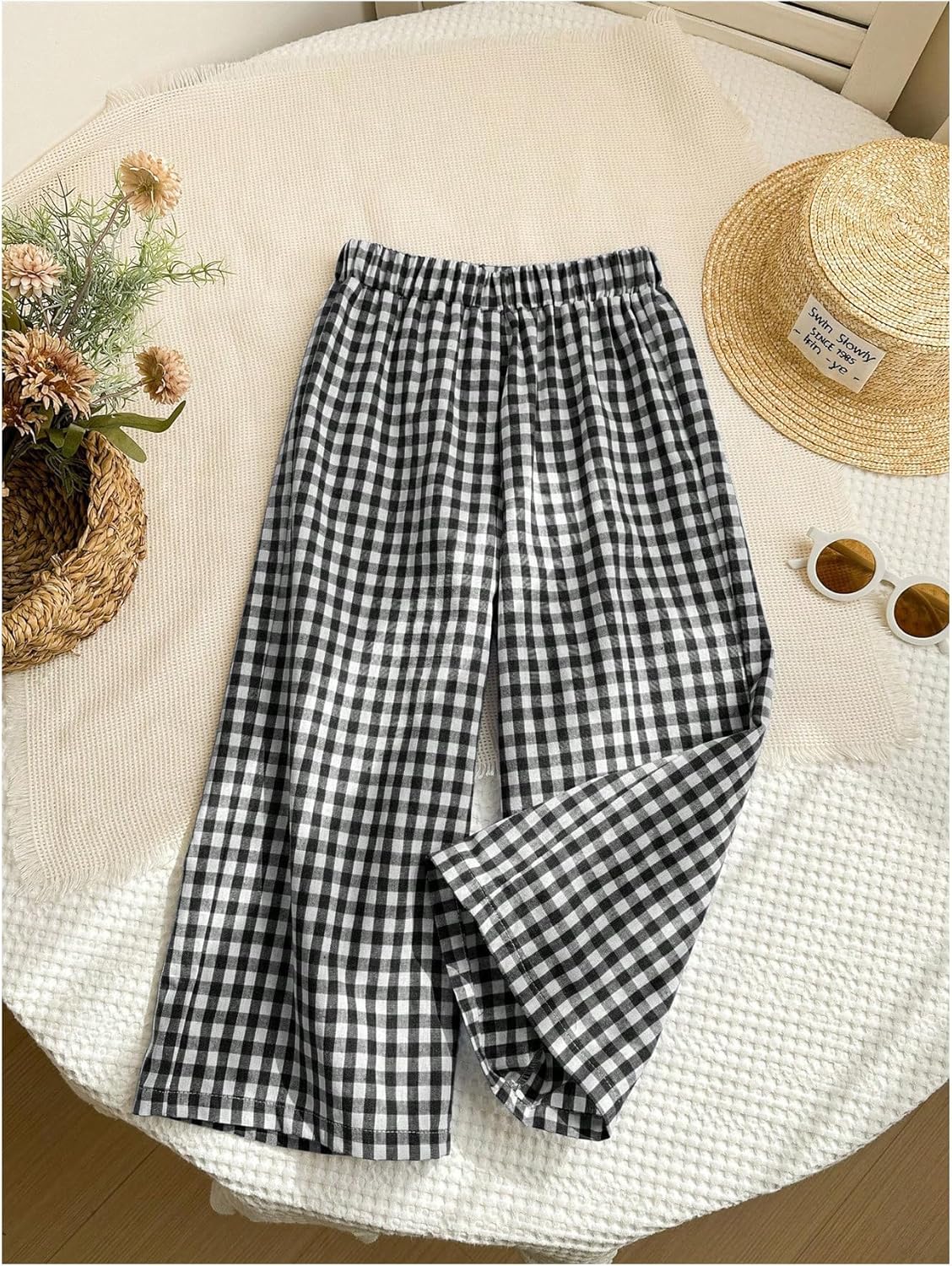 SweatyRocks Girl's Elastic Waist Plaid Print Wide Leg Linen Pants Loose Long Trousers - Image 3