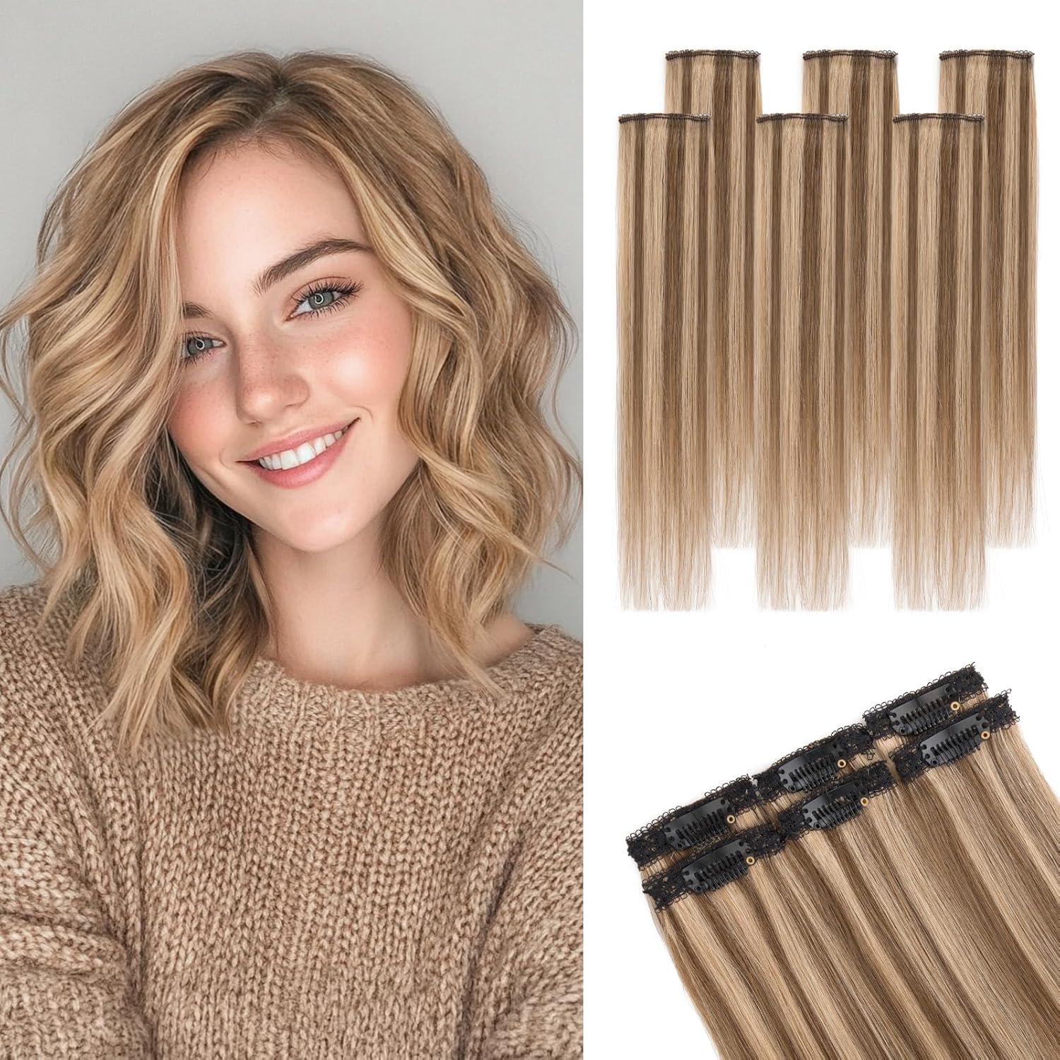 Clip in Short Hair Extensions Real Human Hair,Prokyvity Short Hair Extensions Clip ins,Mini Hairpieces for Volume & Highlights,6 Pieces 33g 12 inch Medium Brown Mixed Dark Blonde