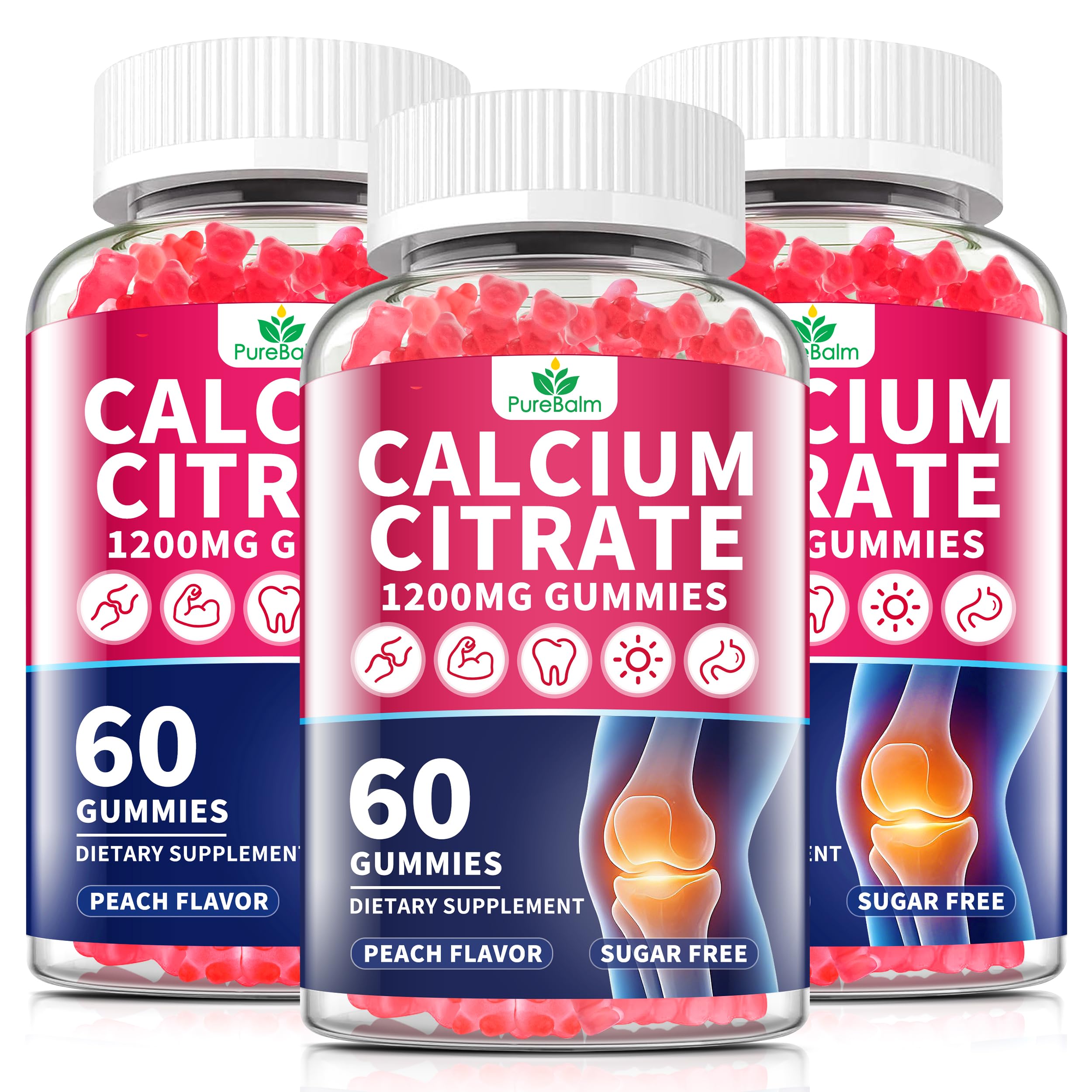 3 Pack-Calcium Citrate 1200mg Gummies for Women & Men,Pure Calcium Chews Supplement,Supports Bone,Teeth & Immune Health,High Absorption,Sugar Free,Vegan-Peach Flavor-90 Day Supply Peach 60 Count (Pack of 3)