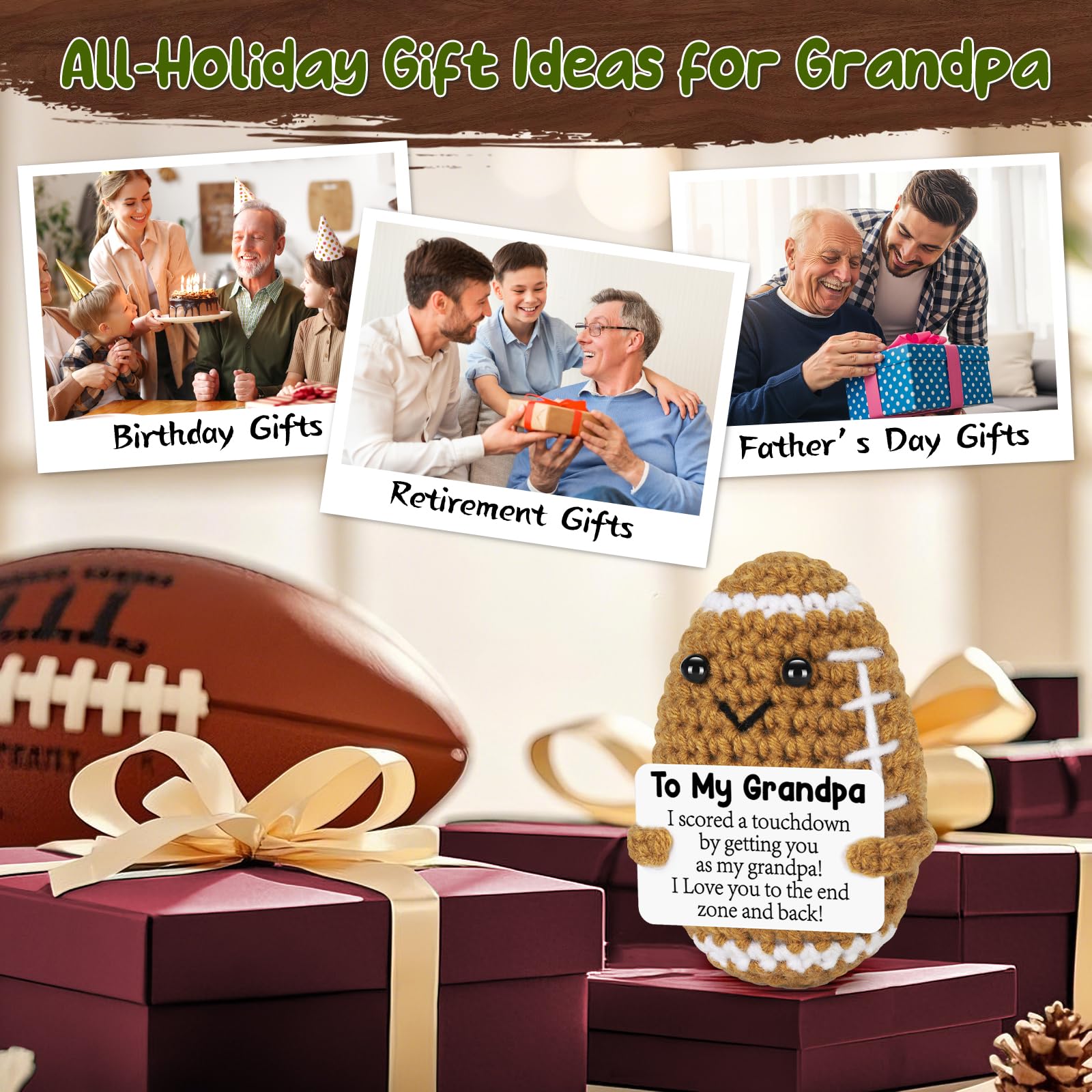 Mini Funny Grandpa Fathers Day Birthday Gifts from Grandkids, Handmade Crochet Football Grandpa Gifts from Granddaughter Grandson Cute Decor, Great Grandfather Grandparents Present for Father's Day