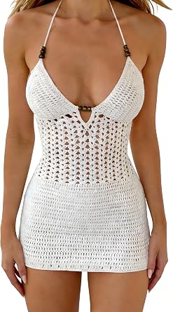 Women Crochet Halter Dress Beach Swim Cover Ups Mini Dresses