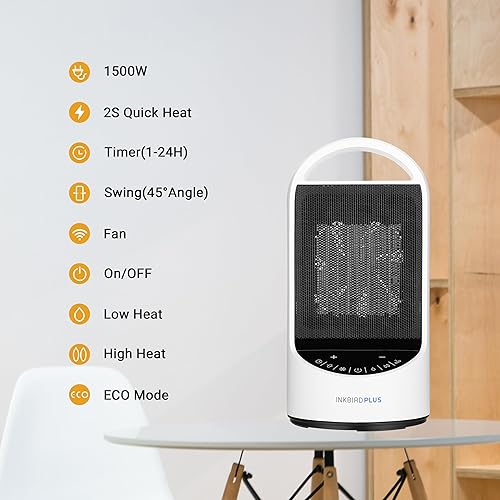 Miniatura 5 de INKBIRDPLUS Calentadores eléctricos de 1500 W para uso en interiores con temporizador remoto y 3 modos, protección contra sobrecalentamiento y