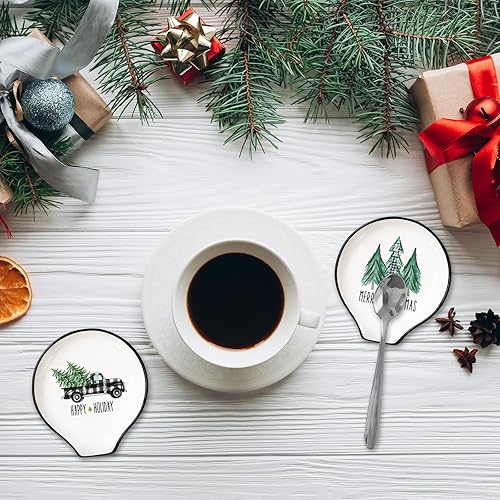 Miniatura 6 de Whaline Juego de 2 cucharas de Navidad con diseño de acuarela, a cuadros, árbol de Navidad, camión, soporte para cucharas de cerámica, platos para