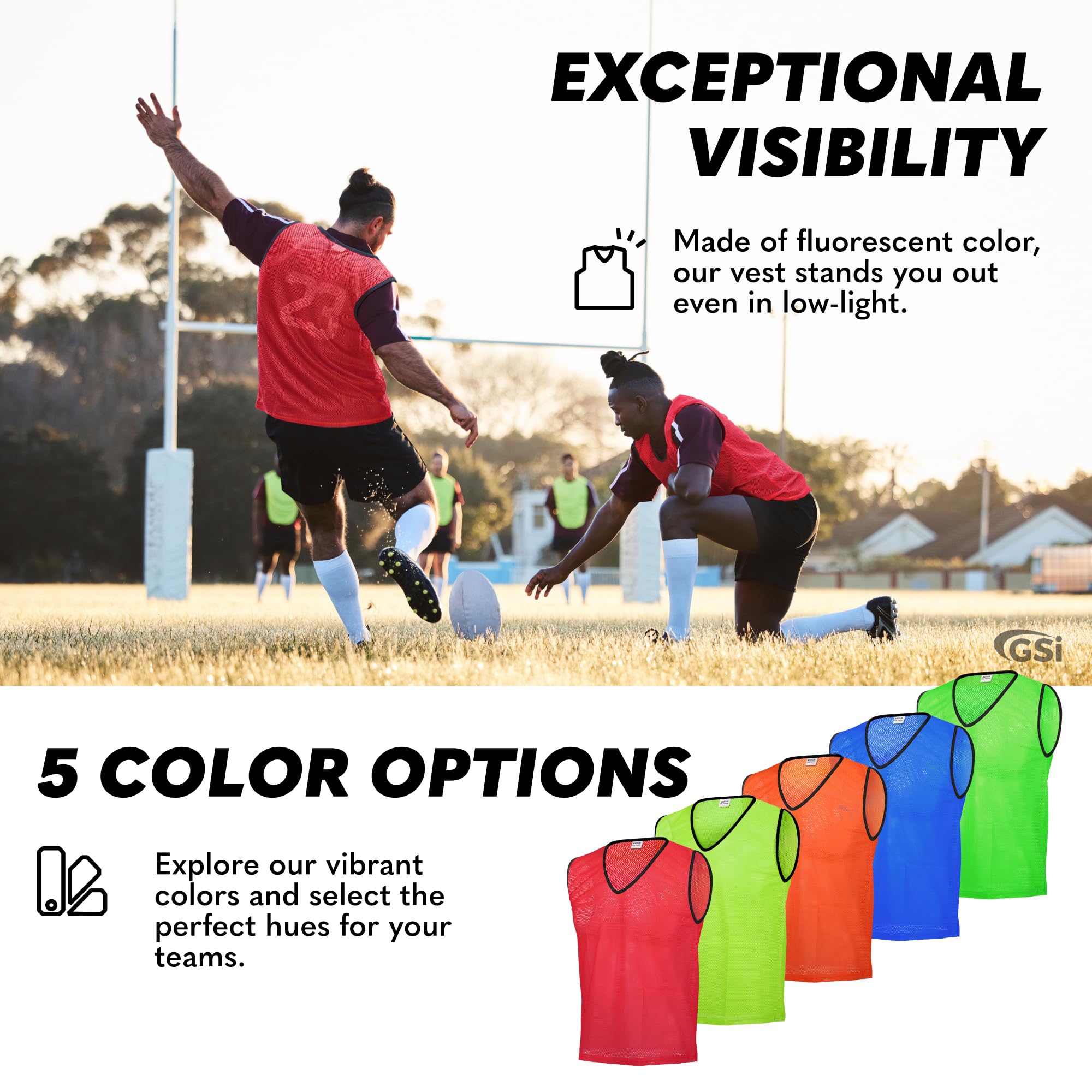 GSi Pinnies deportivos – Paquete de 12 – Tamaño libre para jóvenes y adultos – 5 opciones de color – Chaleco de práctica de fútbol, baloncesto