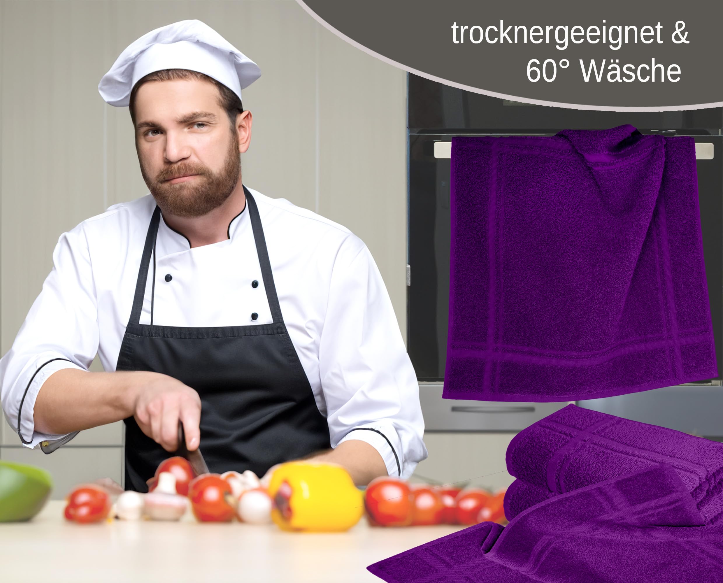 Lashuma Lot de 4 torchons de cuisine éponge 50 x 50 cm, 100 % coton, 450 g/m², violet aubergine