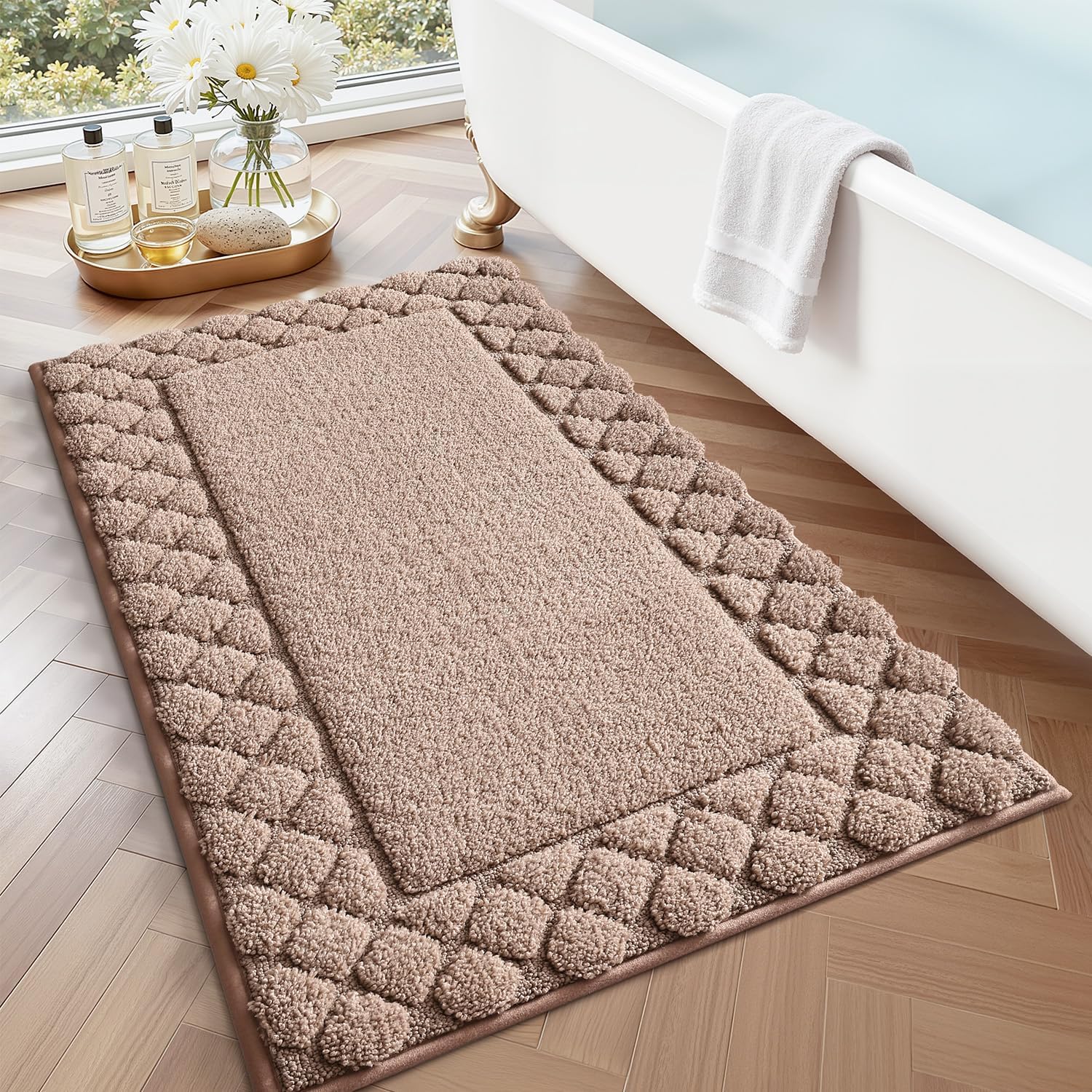 LUMI Bathroom Rugs, Ultra Soft Absorbent Bath Mat for Shower, Non Slip Washable Bath Rugs with Rubber Backing, Microfiber Plush Quick Dry Floor Mat for Bathtub, Floor, Brown, 17x30