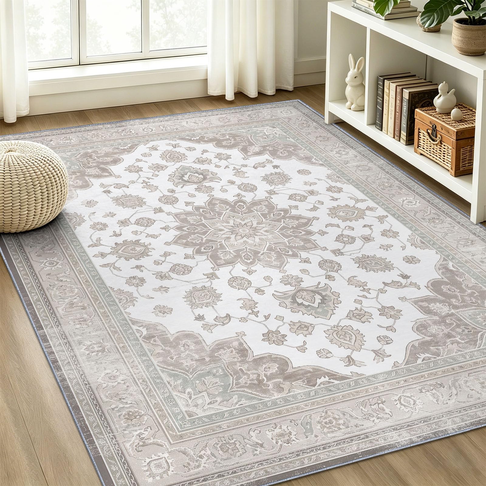 Tapis 120 x 170 cm Style Vintage Usé Lavable Clair